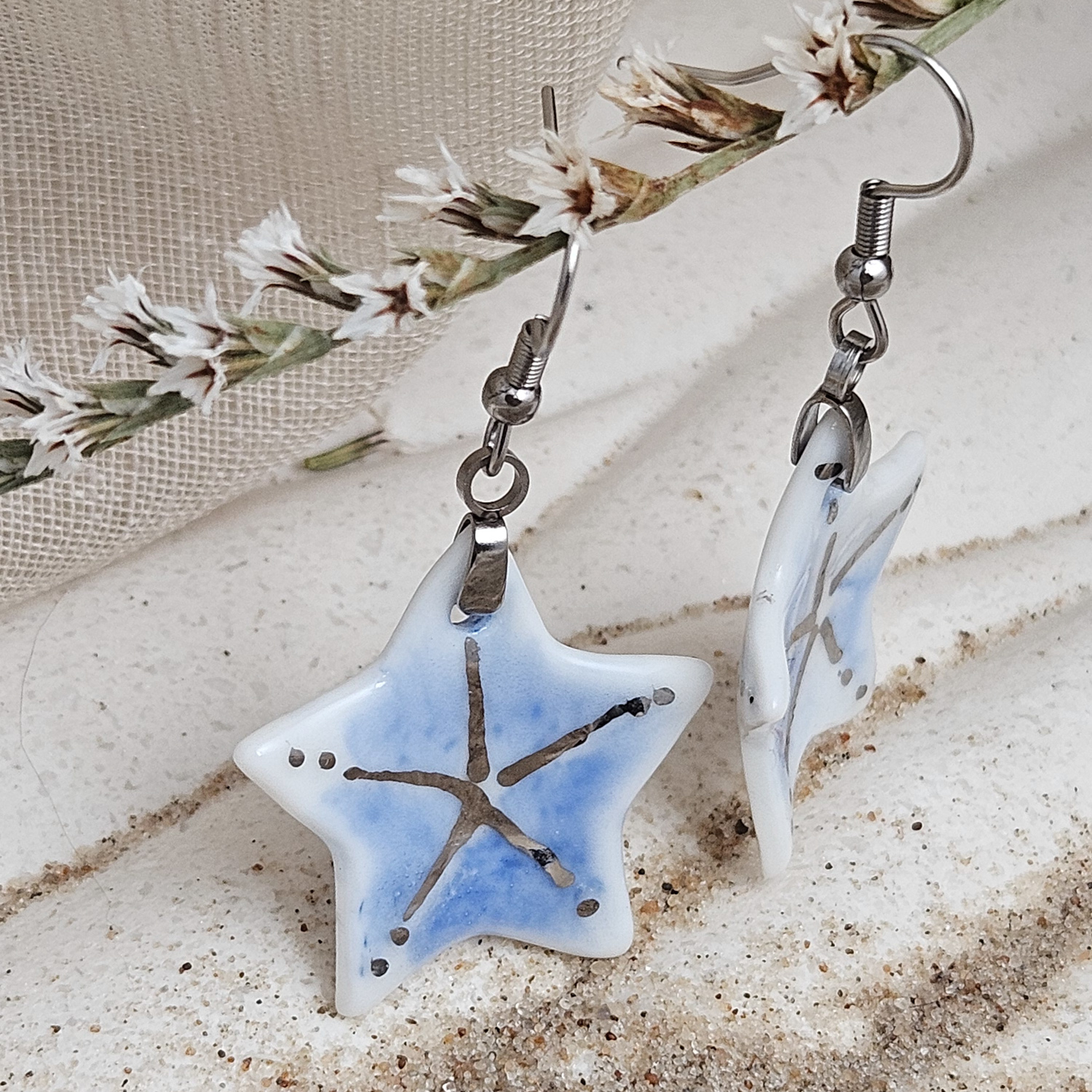 Cobalt blue fine ceramic porcelain dangle designer earrings - hand-painted artisan starfish with silver accents (white gold) - Image 2