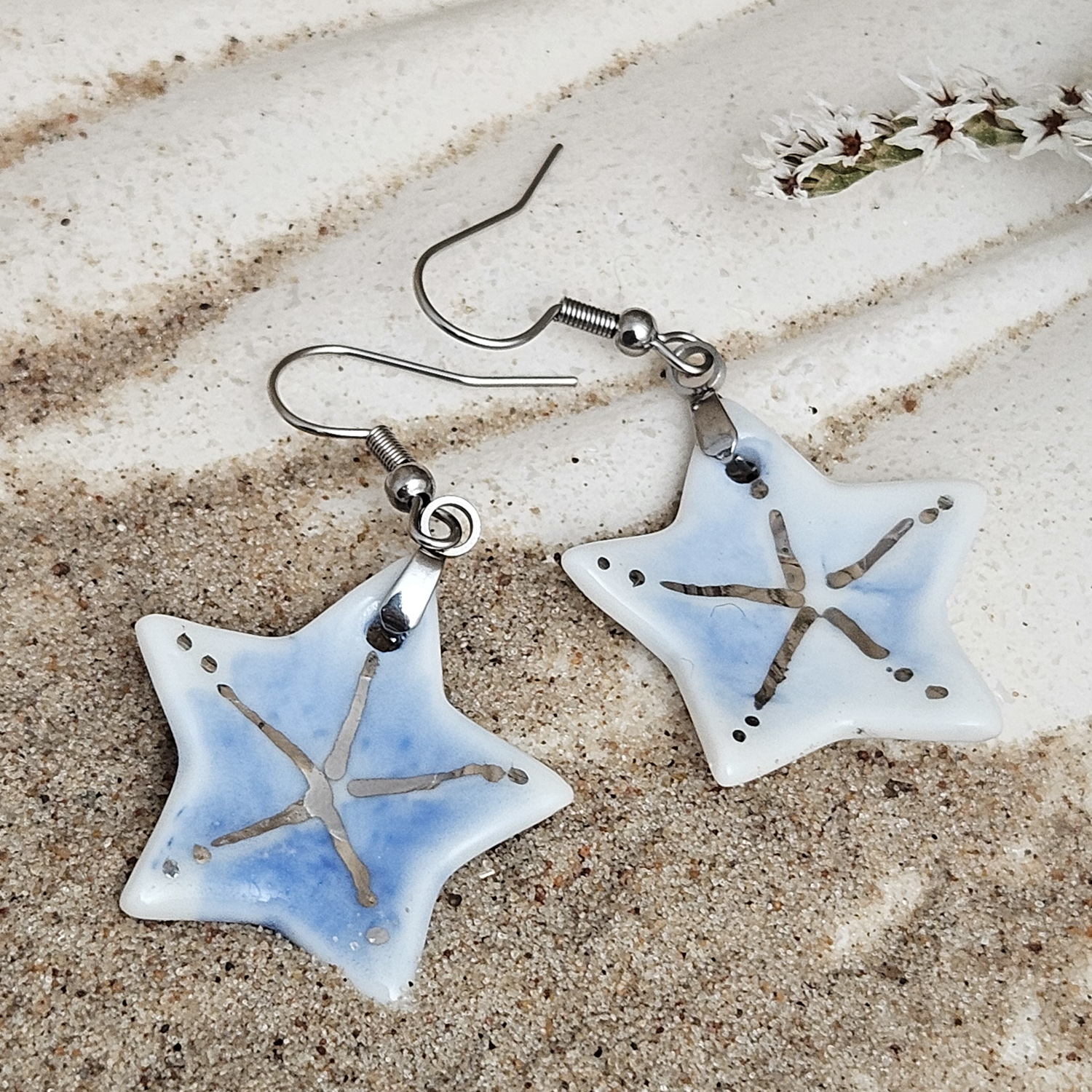 Cobalt blue fine ceramic porcelain dangle designer earrings - hand-painted artisan starfish with silver accents (white gold) - Image 3