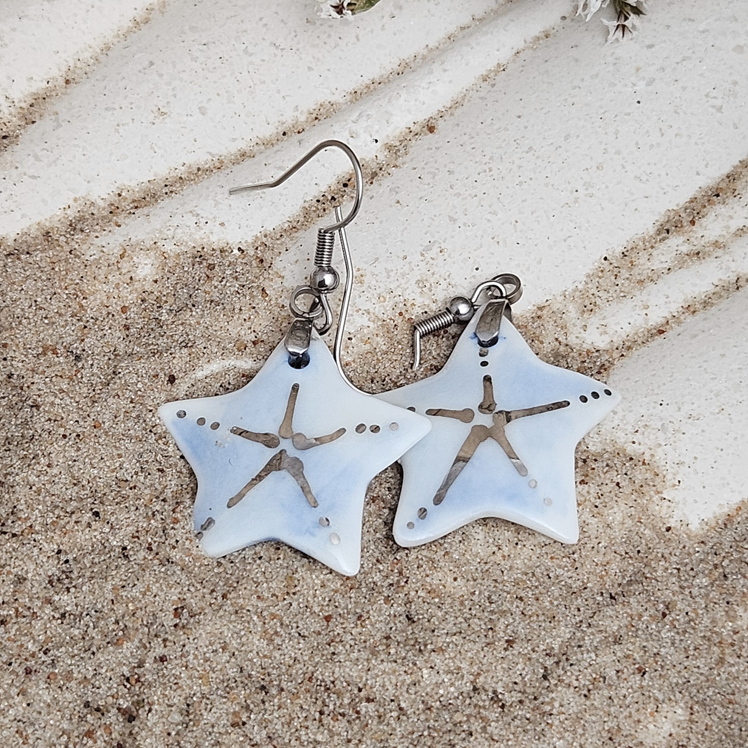 Cobalt blue fine ceramic porcelain dangle designer earrings - hand-painted artisan starfish with silver accents (white gold) - Image 4