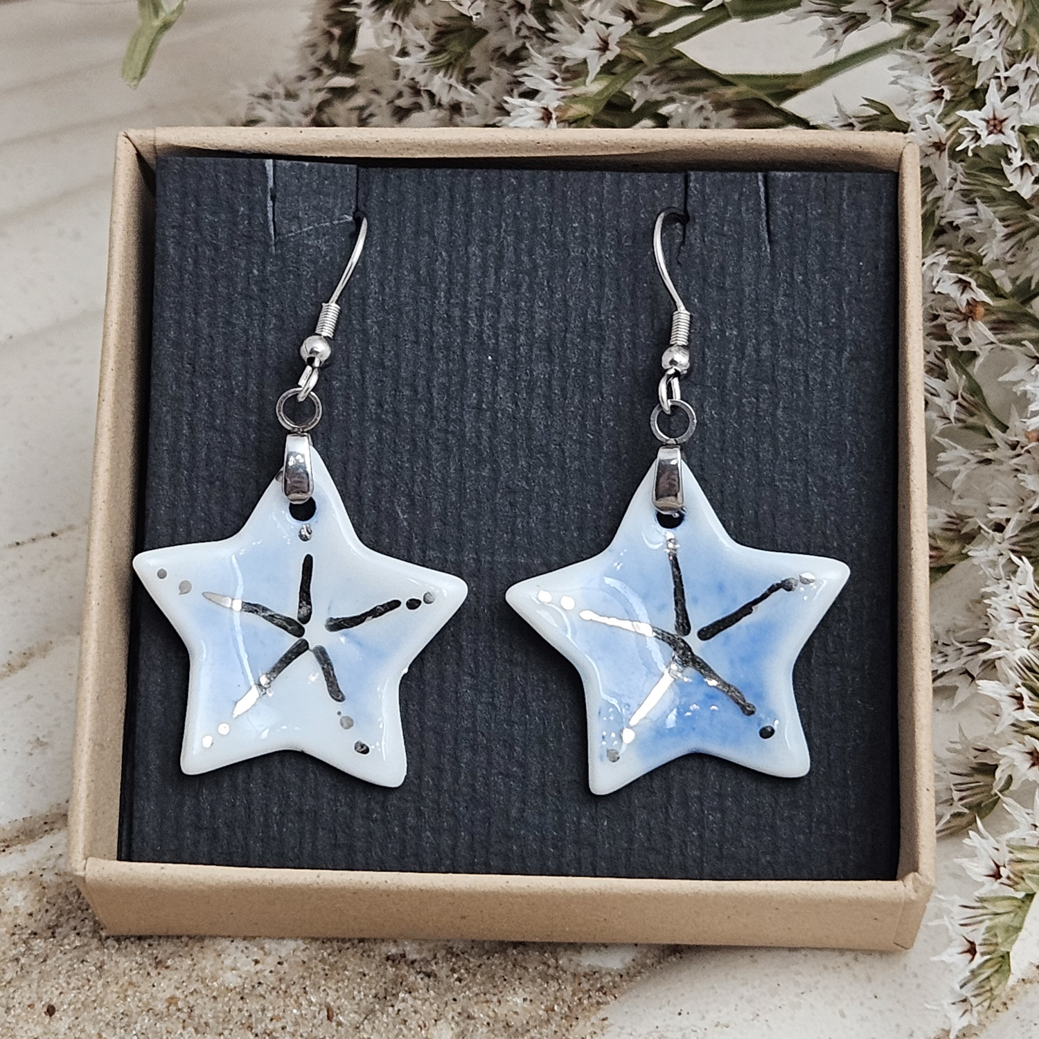 Cobalt blue fine ceramic porcelain dangle designer earrings - hand-painted artisan starfish with silver accents (white gold) - Image 5