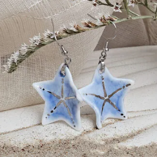 Cobalt blue fine ceramic porcelain dangle designer earrings - hand-painted artisan starfish with silver accents (white gold)