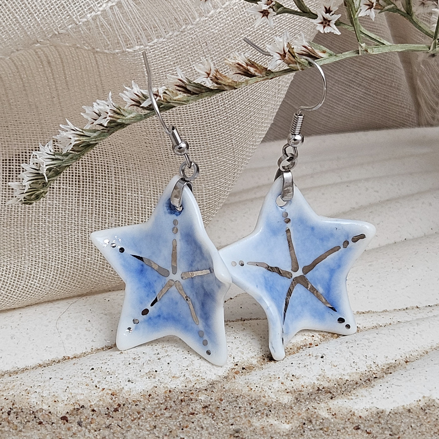 Cobalt blue fine ceramic porcelain dangle designer earrings - hand-painted artisan starfish with silver accents (white gold)