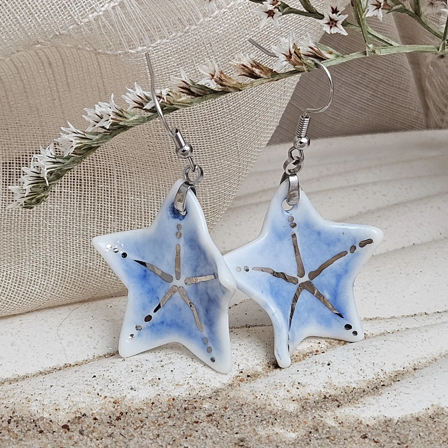 Cobalt blue fine ceramic porcelain dangle designer earrings - hand-painted artisan starfish with silver accents (white gold)