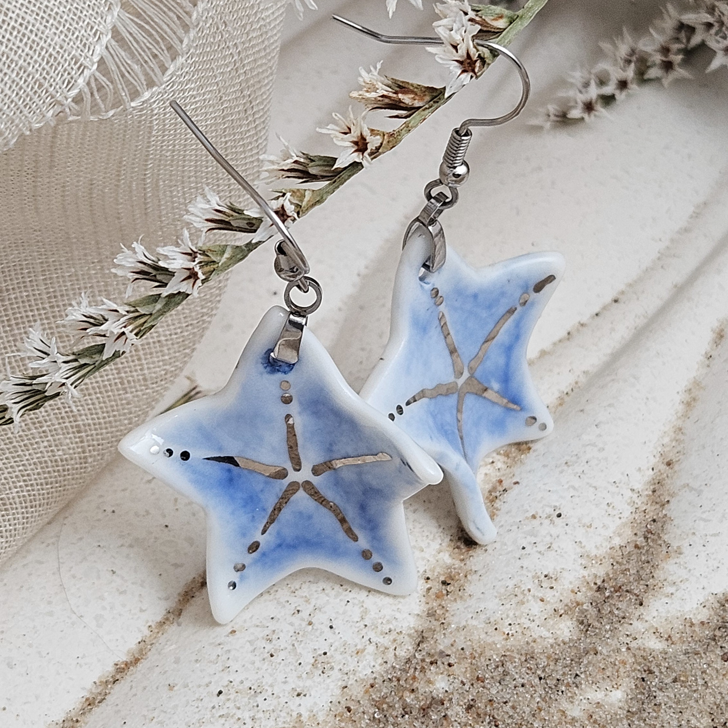 Cobalt blue fine ceramic porcelain dangle designer earrings - hand-painted artisan starfish with silver accents (white gold) - obrazek 2