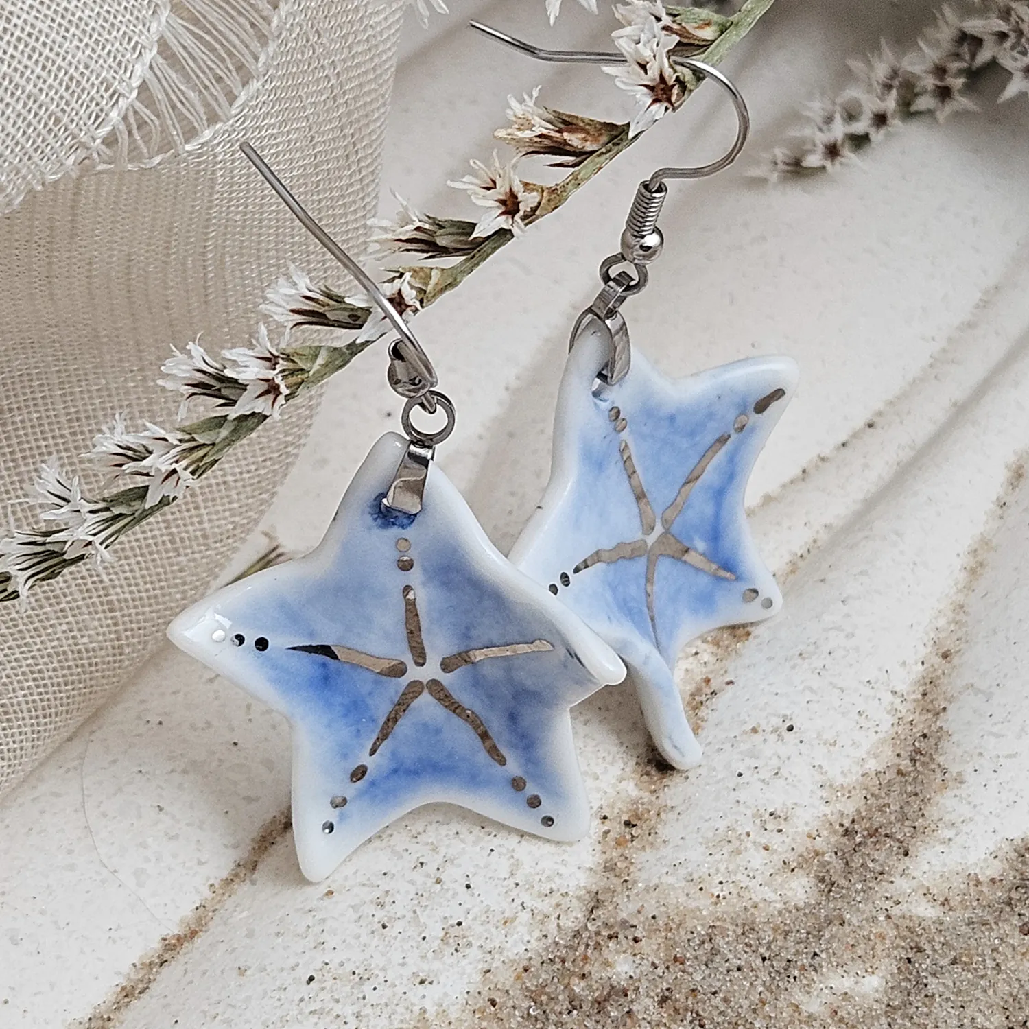 Cobalt blue fine ceramic porcelain dangle designer earrings - hand-painted artisan starfish with silver accents (white gold) - Image 2