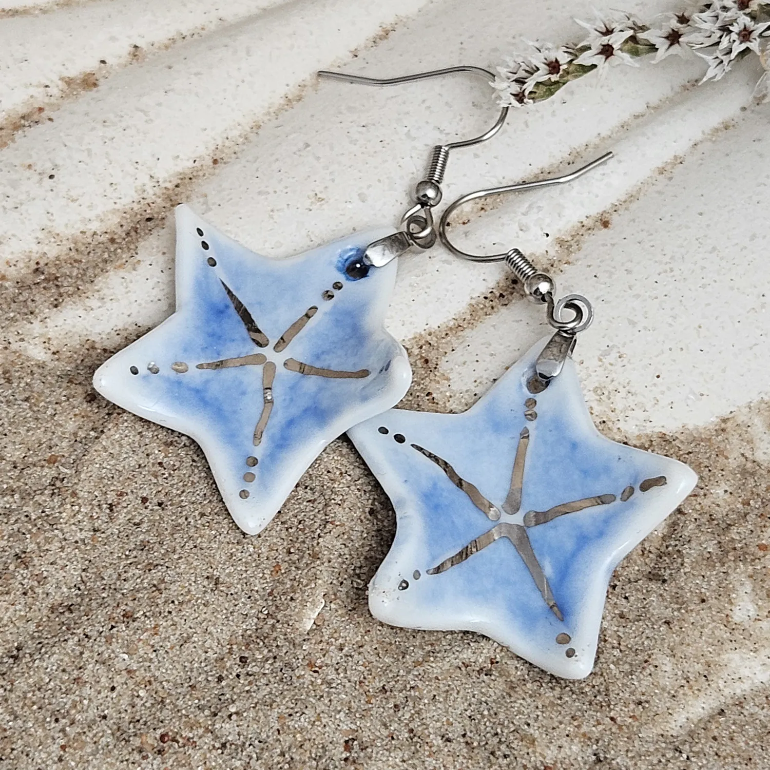 Cobalt blue fine ceramic porcelain dangle designer earrings - hand-painted artisan starfish with silver accents (white gold) - Image 3