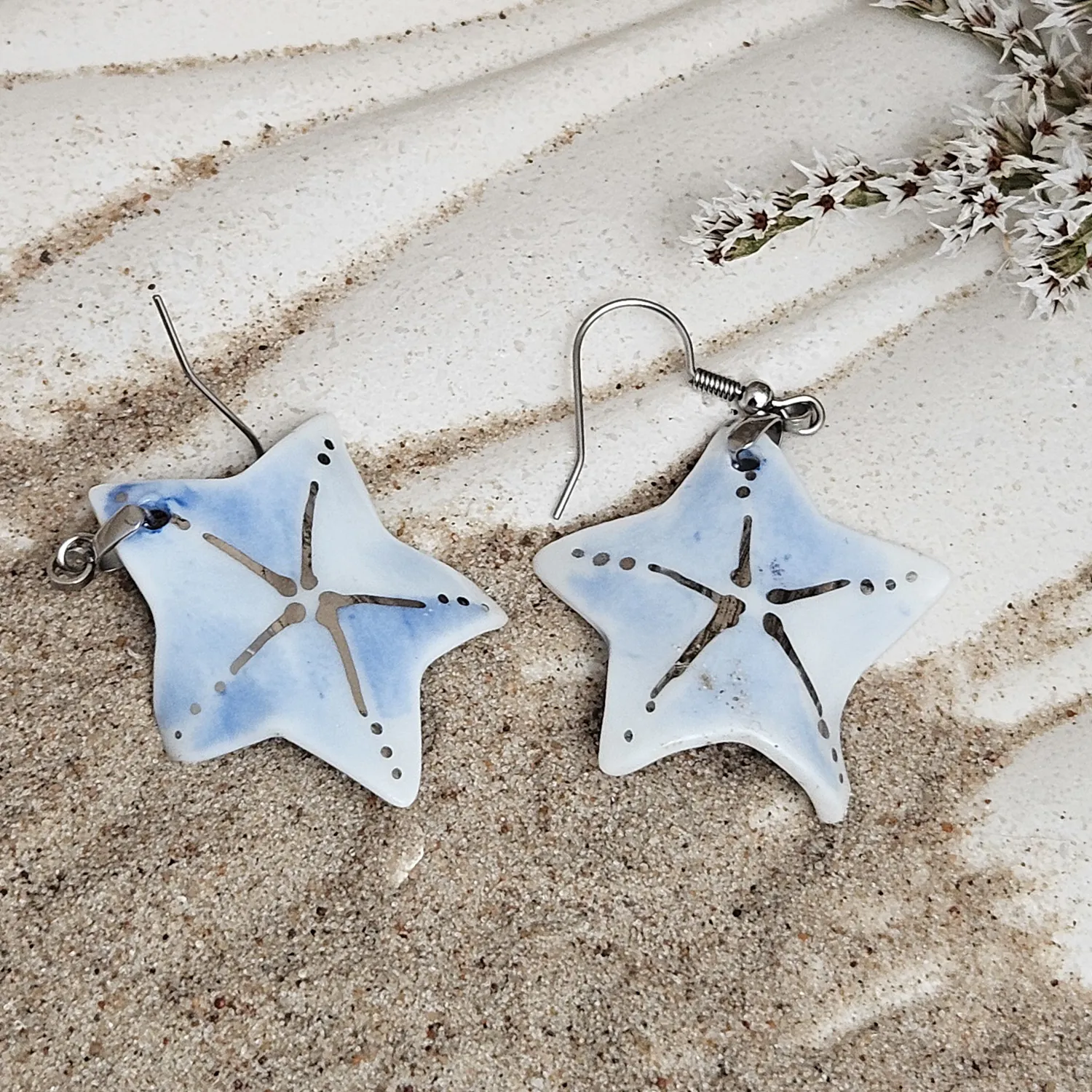 Cobalt blue fine ceramic porcelain dangle designer earrings - hand-painted artisan starfish with silver accents (white gold) - Image 5