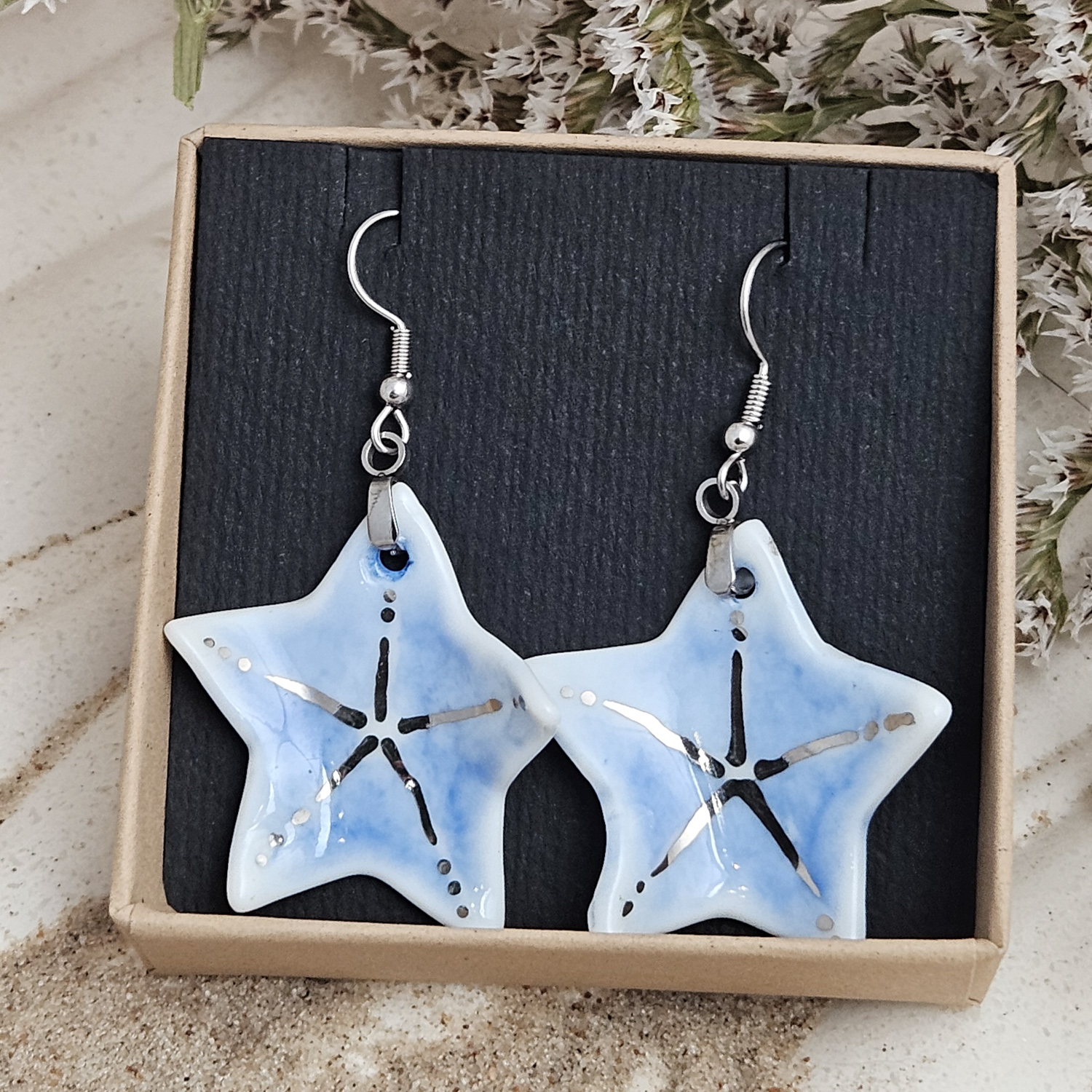 Cobalt blue fine ceramic porcelain dangle designer earrings - hand-painted artisan starfish with silver accents (white gold) - obrazek 6