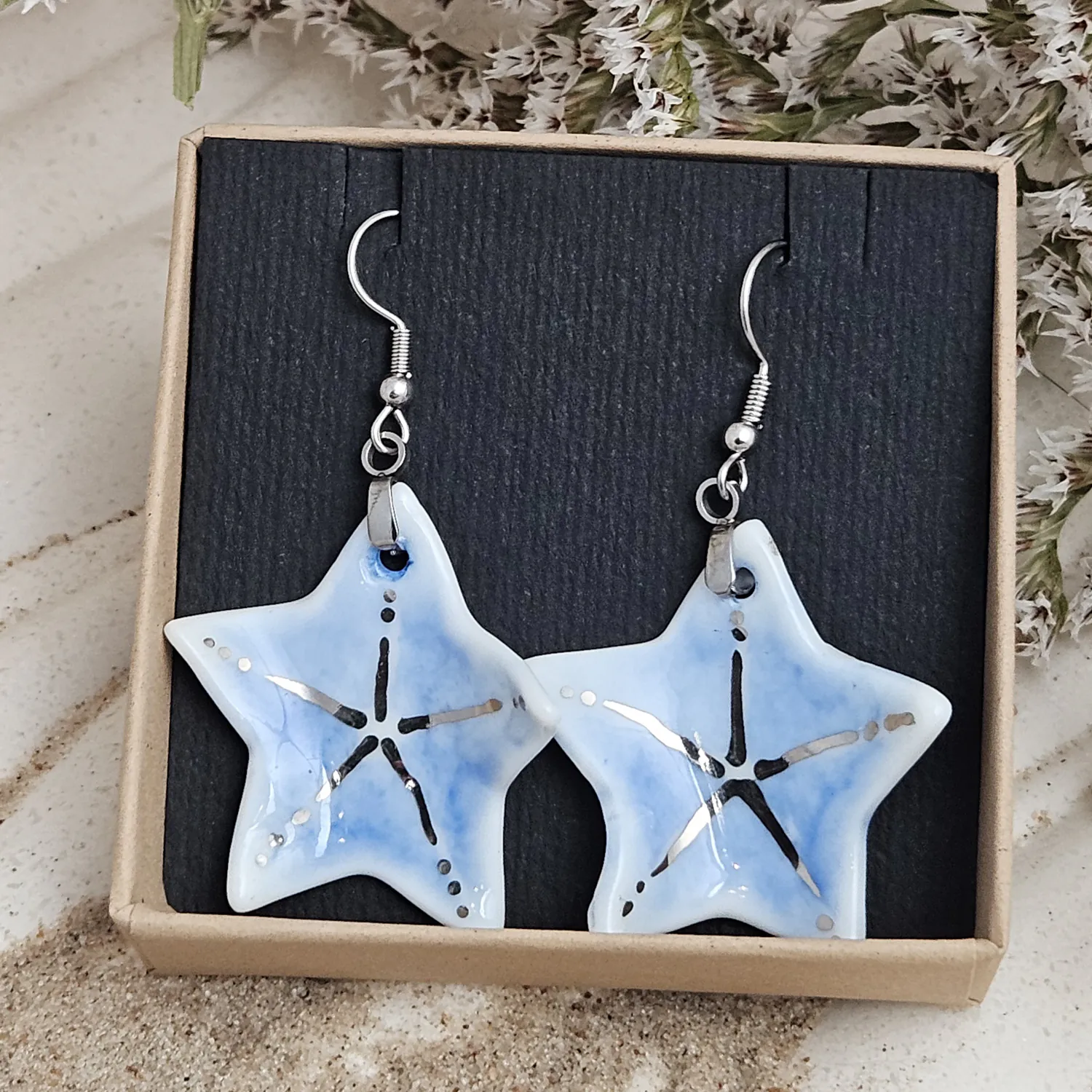 Cobalt blue fine ceramic porcelain dangle designer earrings - hand-painted artisan starfish with silver accents (white gold) - Image 6