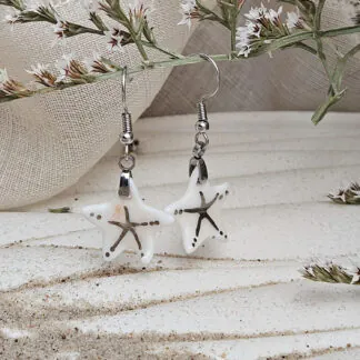 Rose pink fine ceramic porcelain dangle designer earrings - hand-painted artisan starfish with silver accents (white gold)