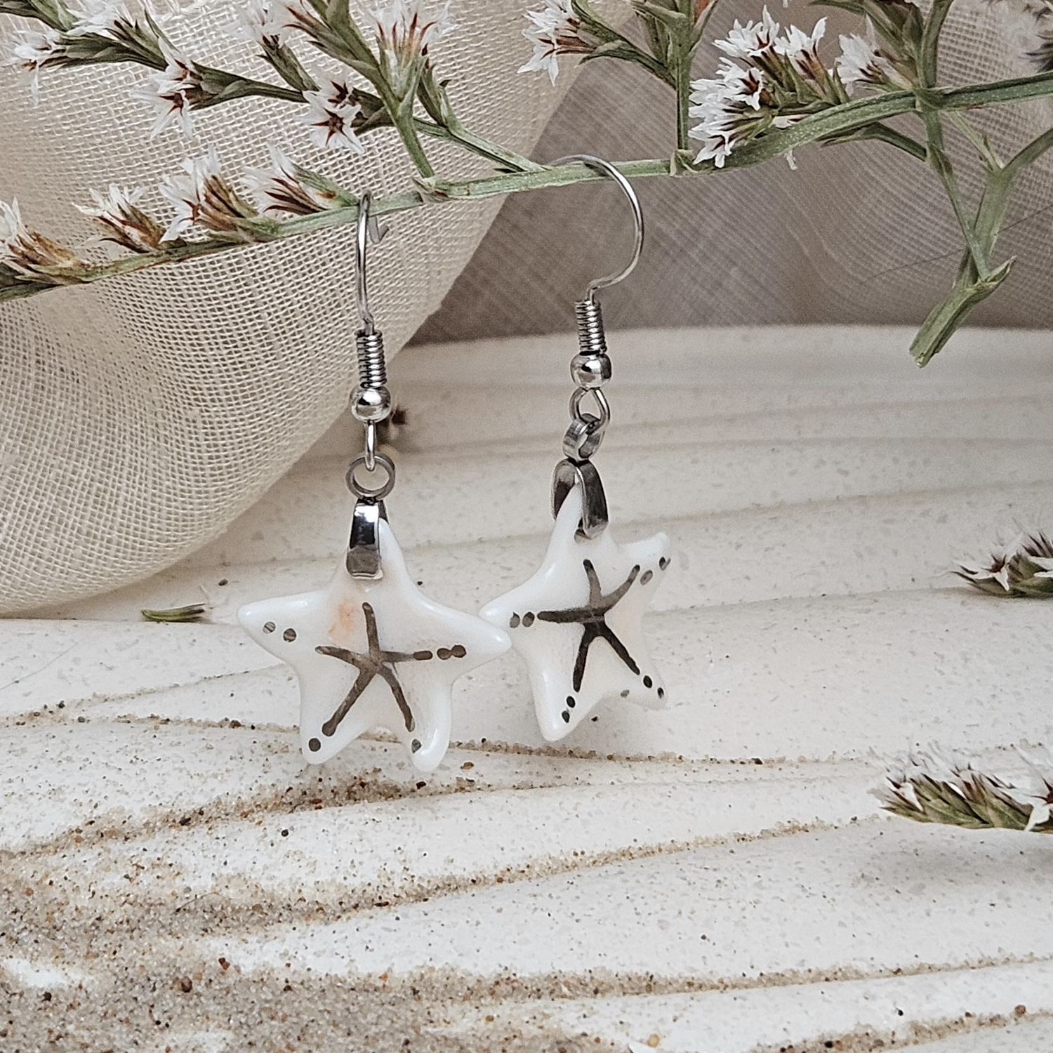 Rose pink fine ceramic porcelain dangle designer earrings - hand-painted artisan starfish with silver accents (white gold)
