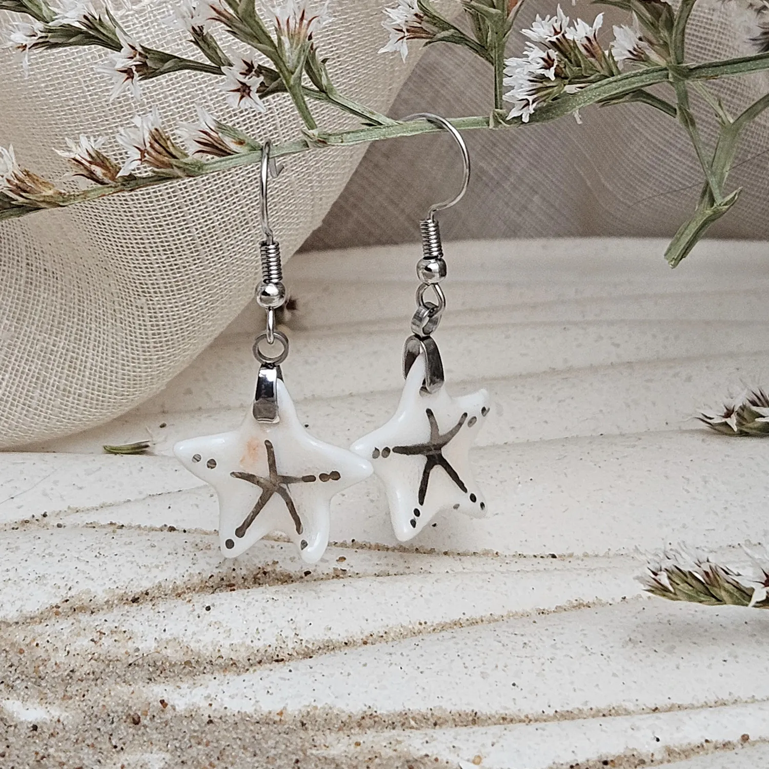 Rose pink fine ceramic porcelain dangle designer earrings - hand-painted artisan starfish with silver accents (white gold)