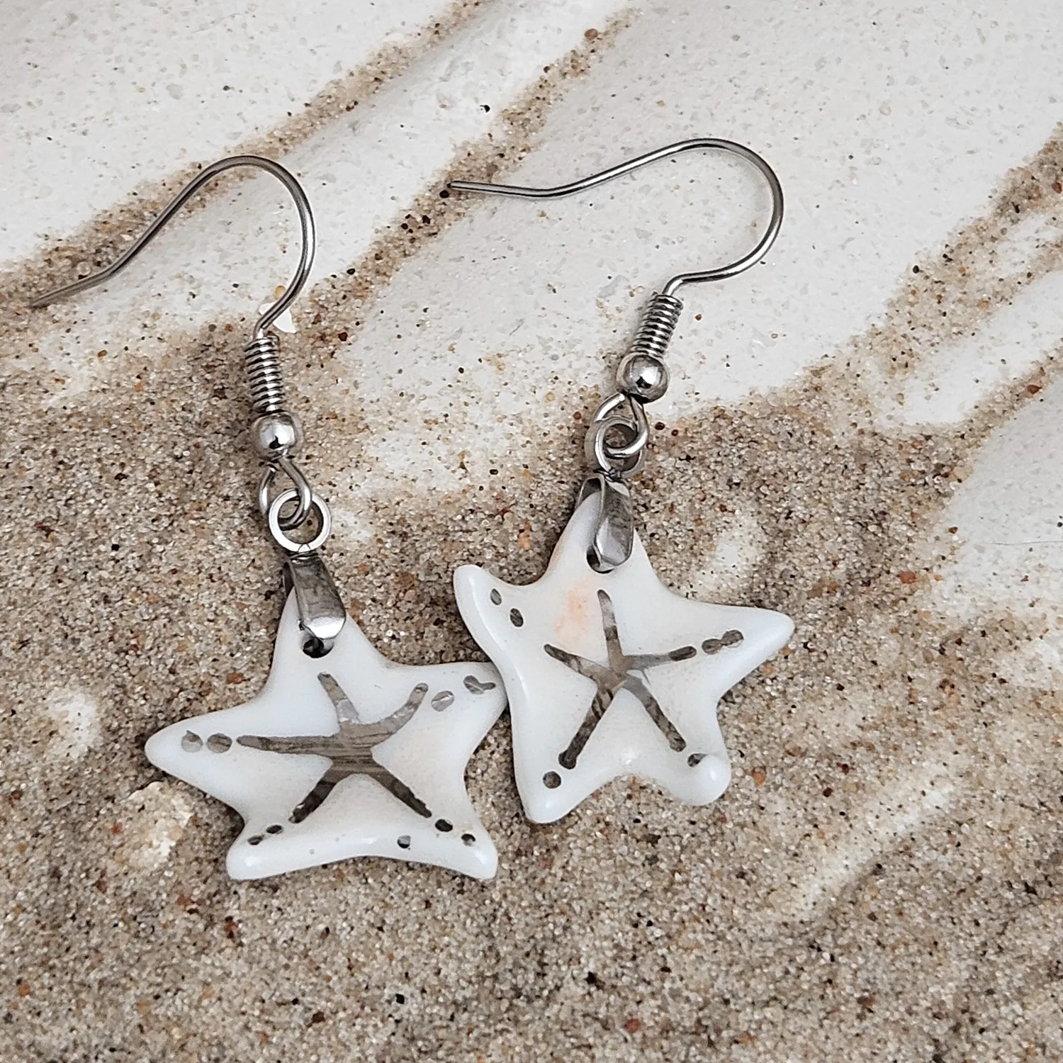 Rose pink fine ceramic porcelain dangle designer earrings - hand-painted artisan starfish with silver accents (white gold) - Image 3