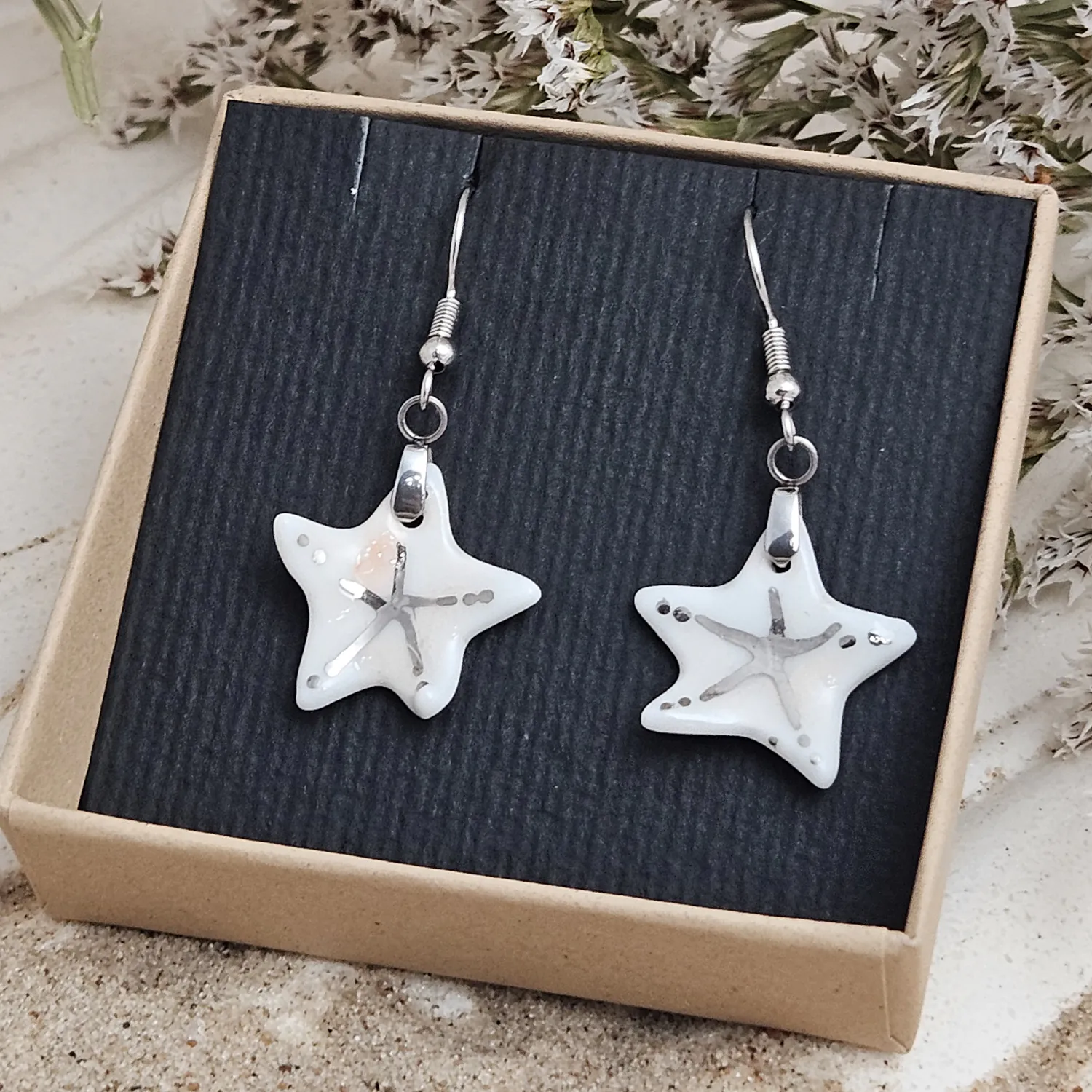 Rose pink fine ceramic porcelain dangle designer earrings - hand-painted artisan starfish with silver accents (white gold) - Image 6