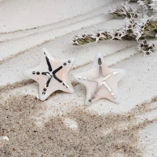 Rose pink fine ceramic porcelain hypoallergenic stud designer earrings for sensitive ears - hand-painted artisan starfish with silver accents (white gold)