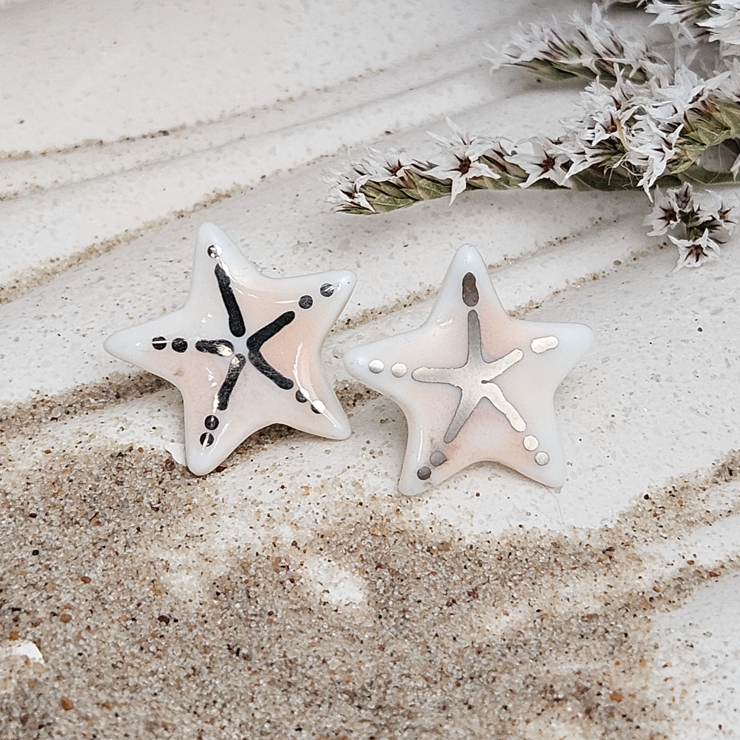Rose pink fine ceramic porcelain hypoallergenic stud designer earrings for sensitive ears - hand-painted artisan starfish with silver accents (white gold)