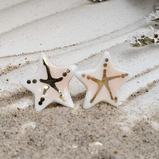 Rose pink fine ceramic porcelain hypoallergenic stud designer earrings for sensitive ears - hand-painted artisan starfish with 22k gold plating