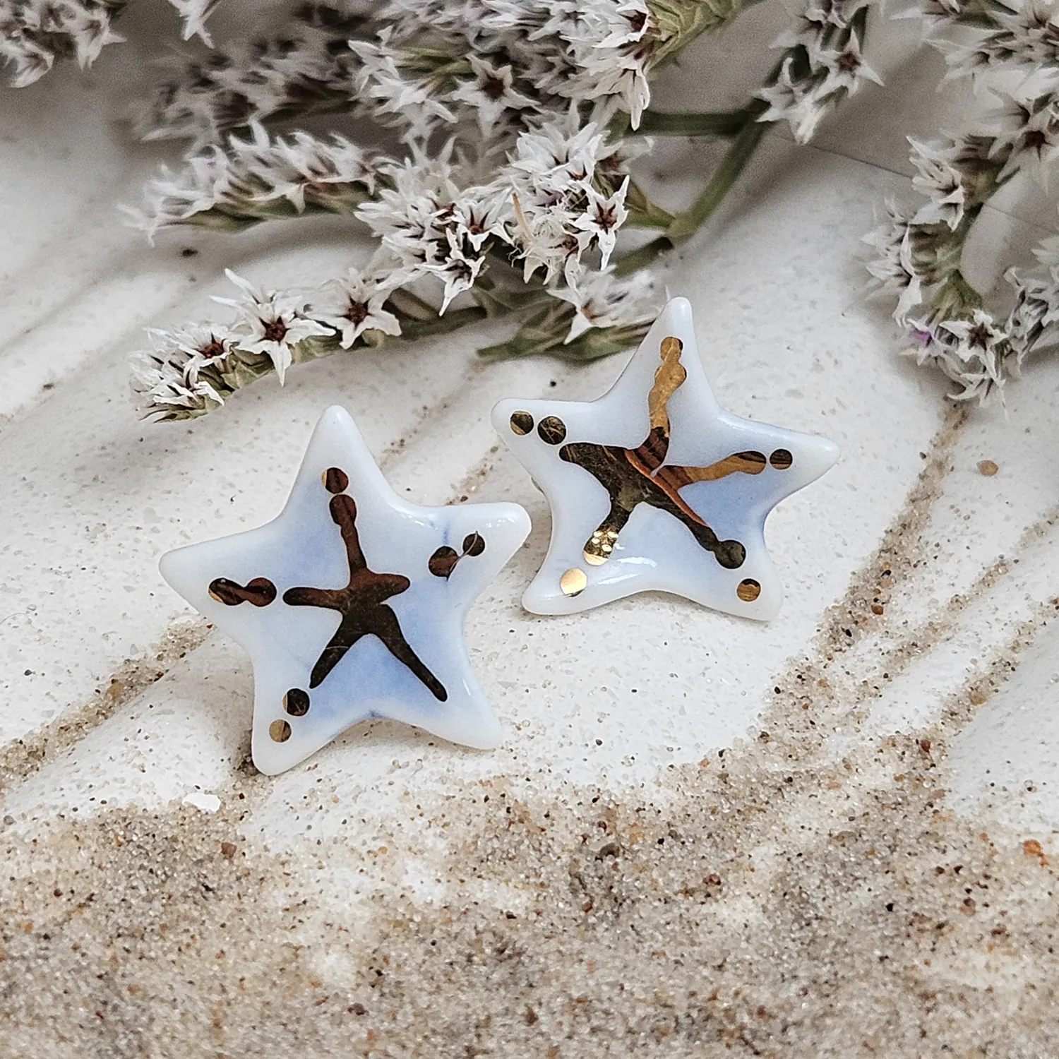 Rose pink fine ceramic porcelain hypoallergenic stud designer earrings for sensitive ears - hand-painted artisan starfish with 22k gold plating