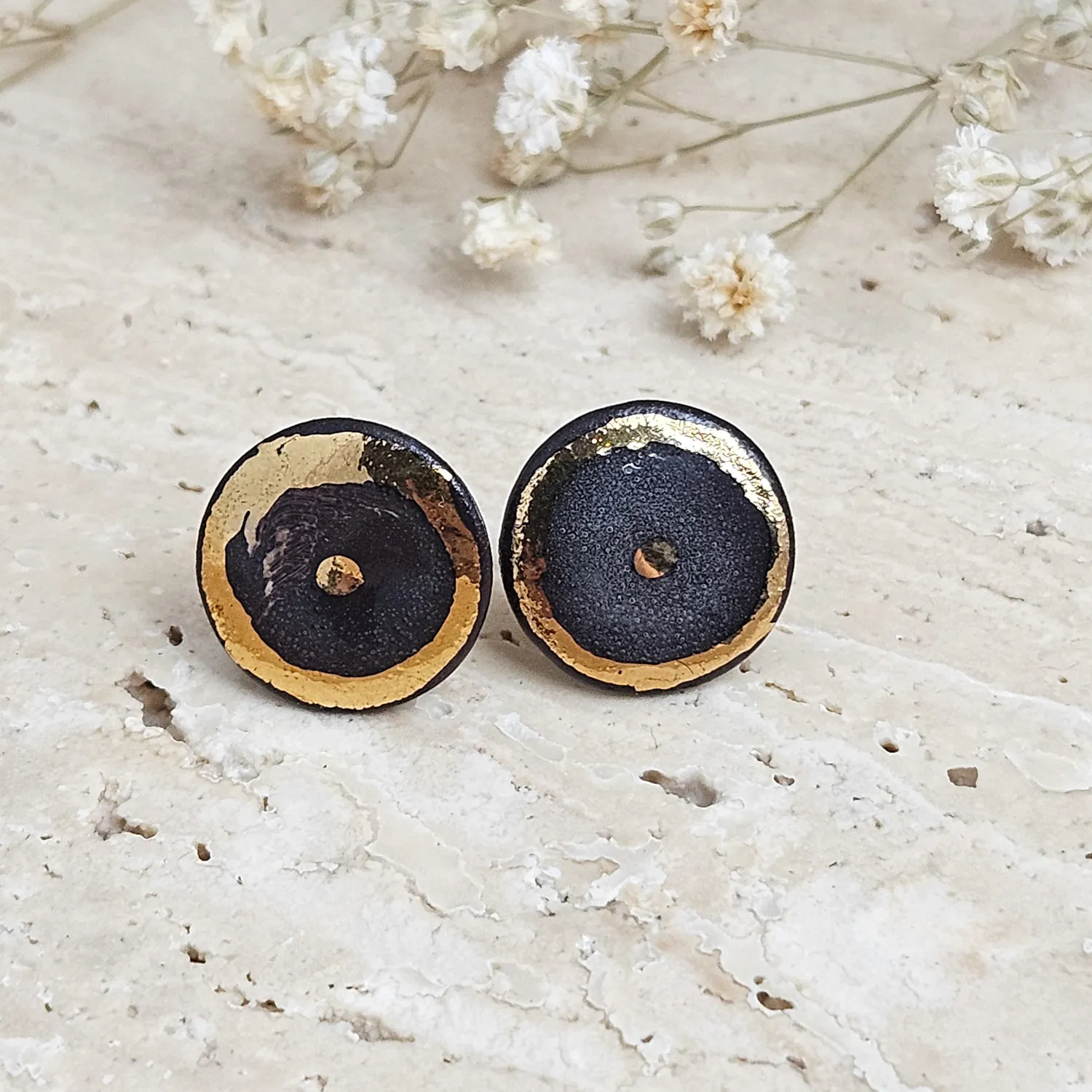 Black fine ceramic porcelain designer earrings with 22k gold plating
