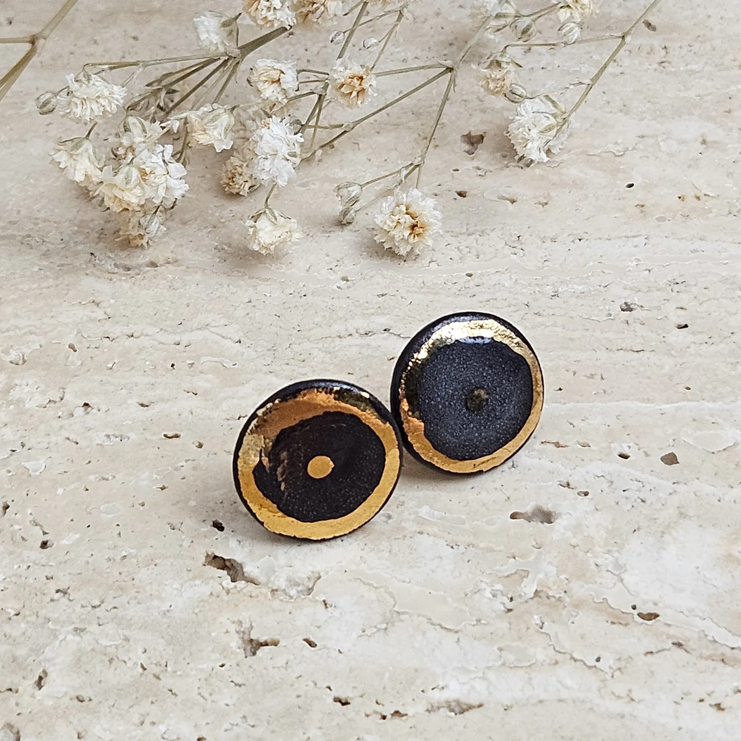 Black fine ceramic porcelain designer earrings with 22k gold plating - Image 2