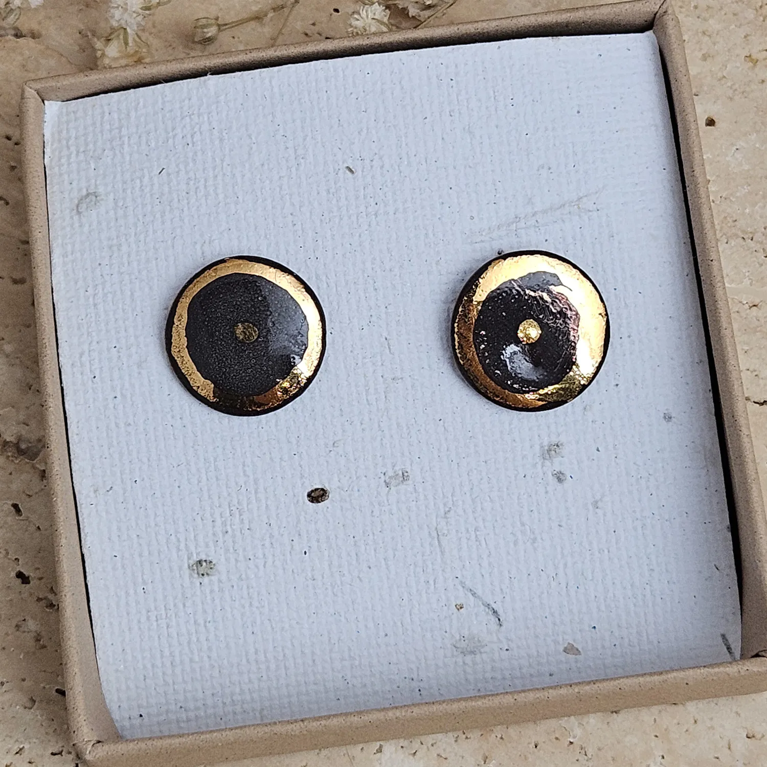 Black fine ceramic porcelain designer earrings with 22k gold plating - Image 4