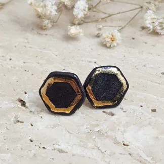 Black fine ceramic porcelain designer earrings with 22k gold plating