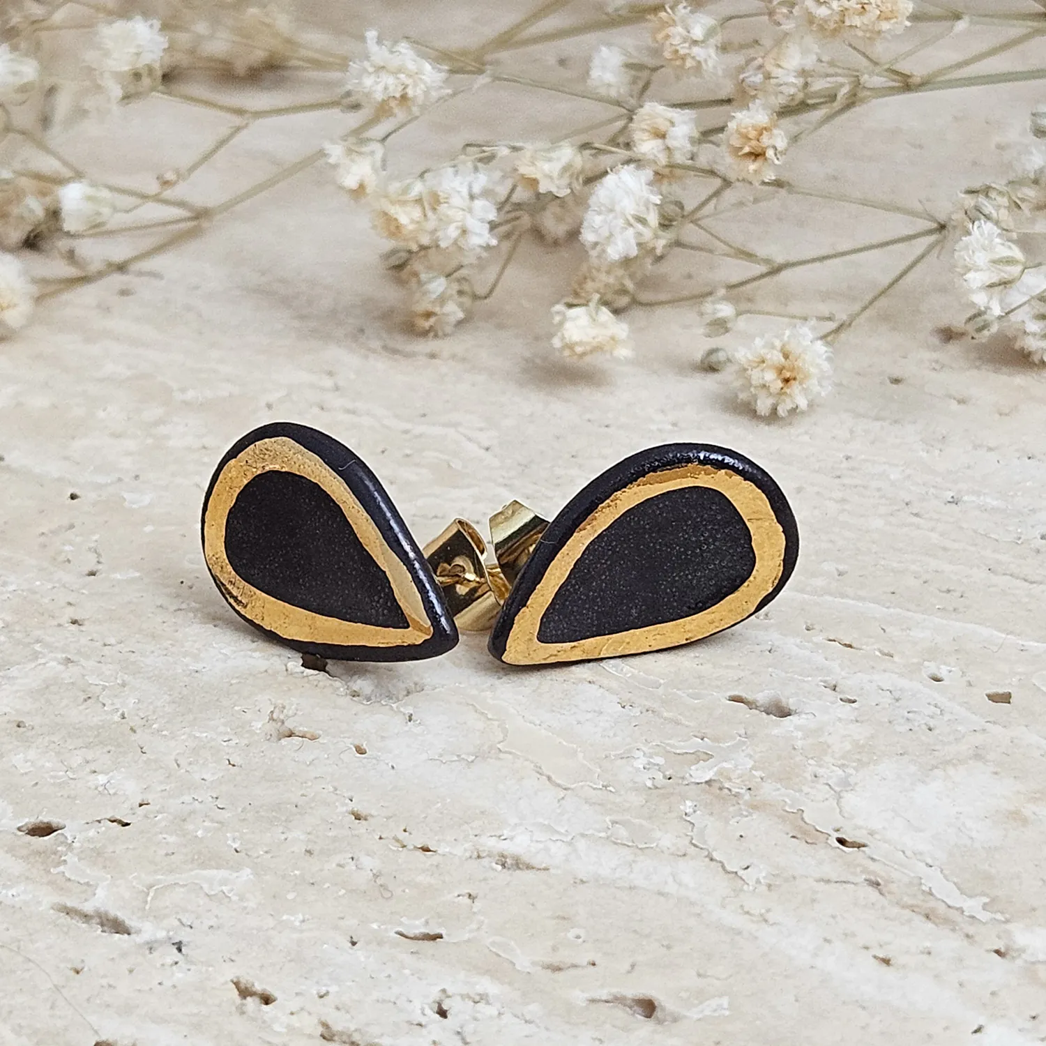 Black fine ceramic porcelain designer earrings with 22k gold plating