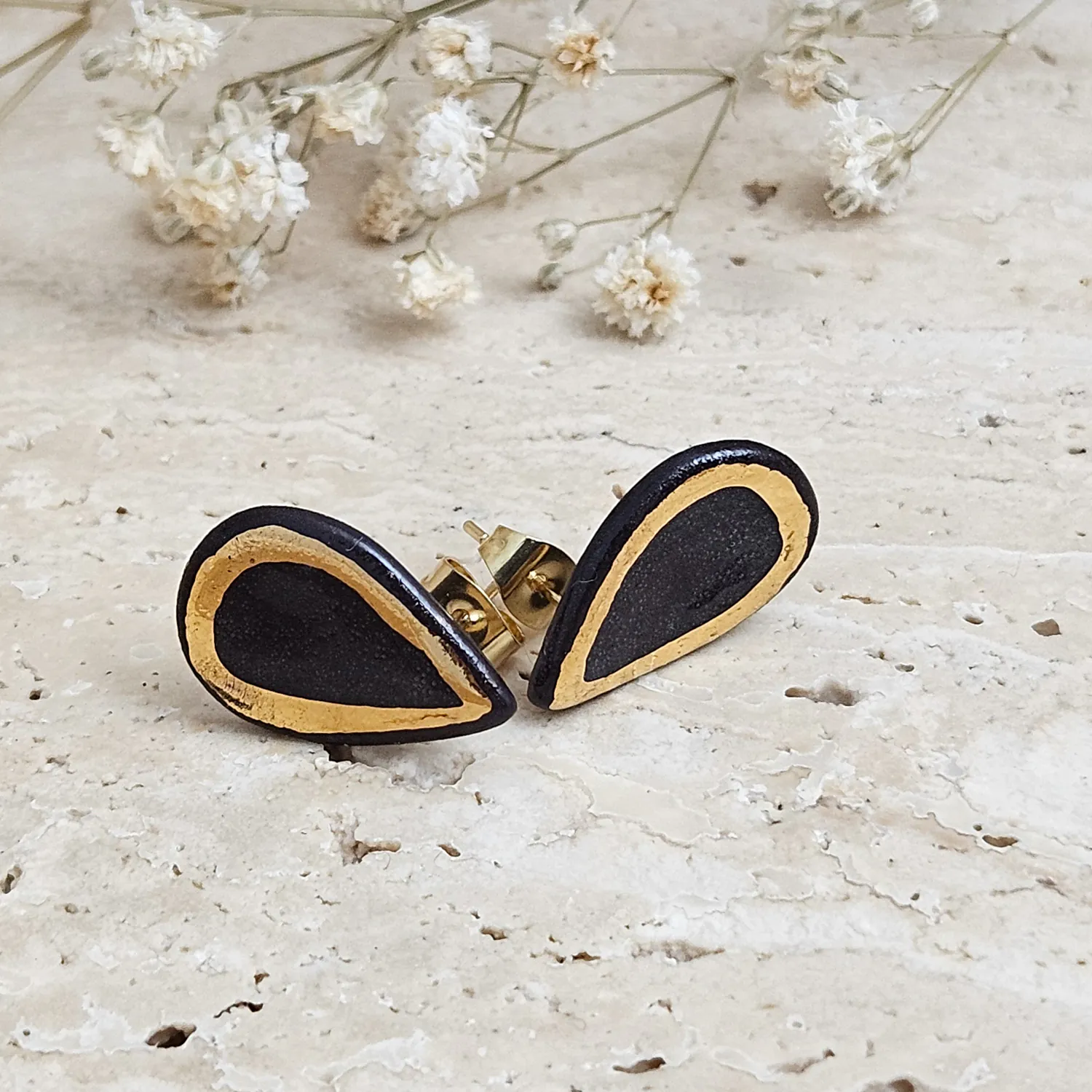 Black fine ceramic porcelain designer earrings with 22k gold plating - Image 2