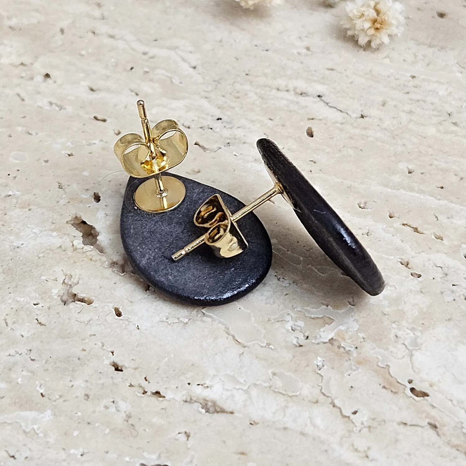 Black fine ceramic porcelain designer earrings with 22k gold plating - Image 3