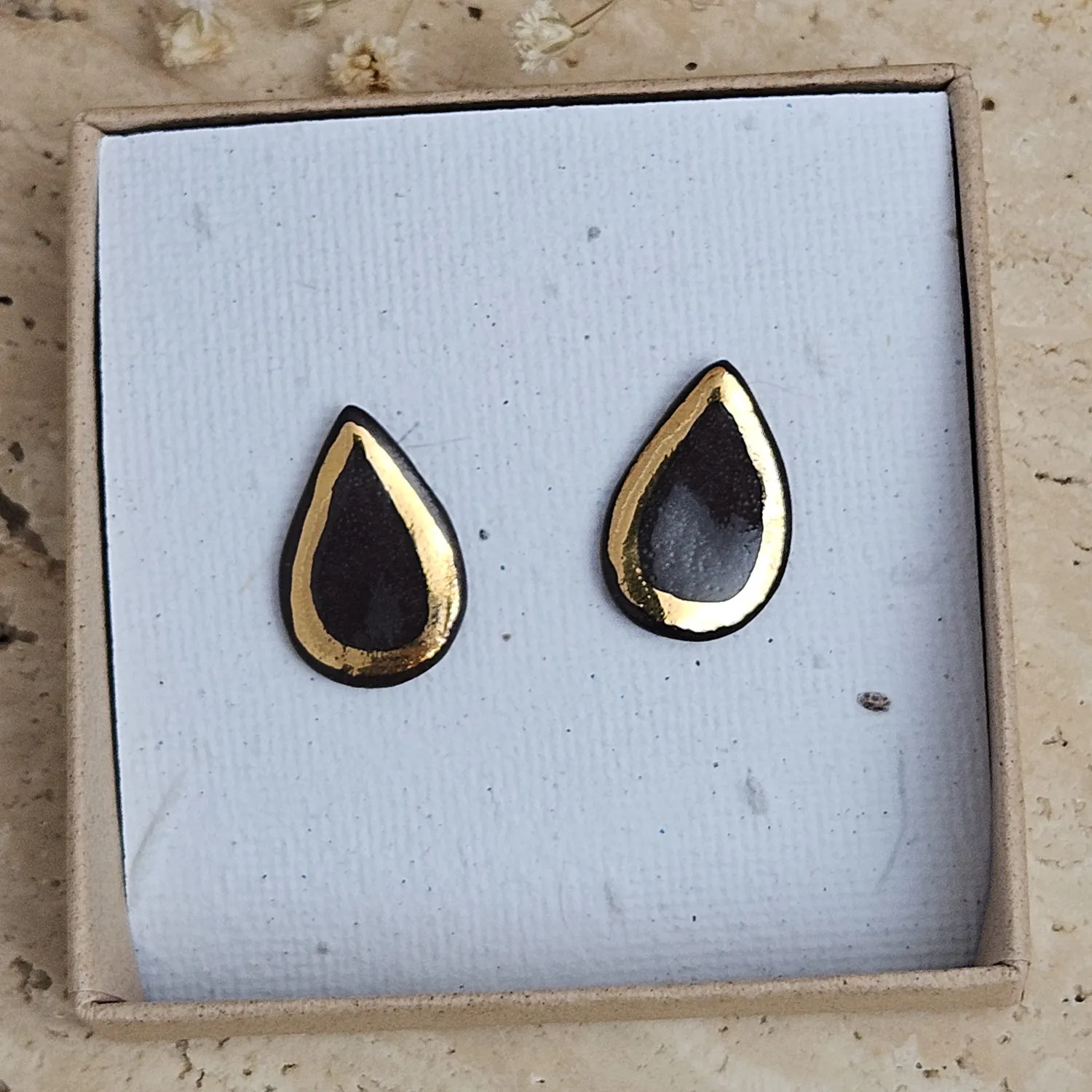 Black fine ceramic porcelain designer earrings with 22k gold plating - Image 4