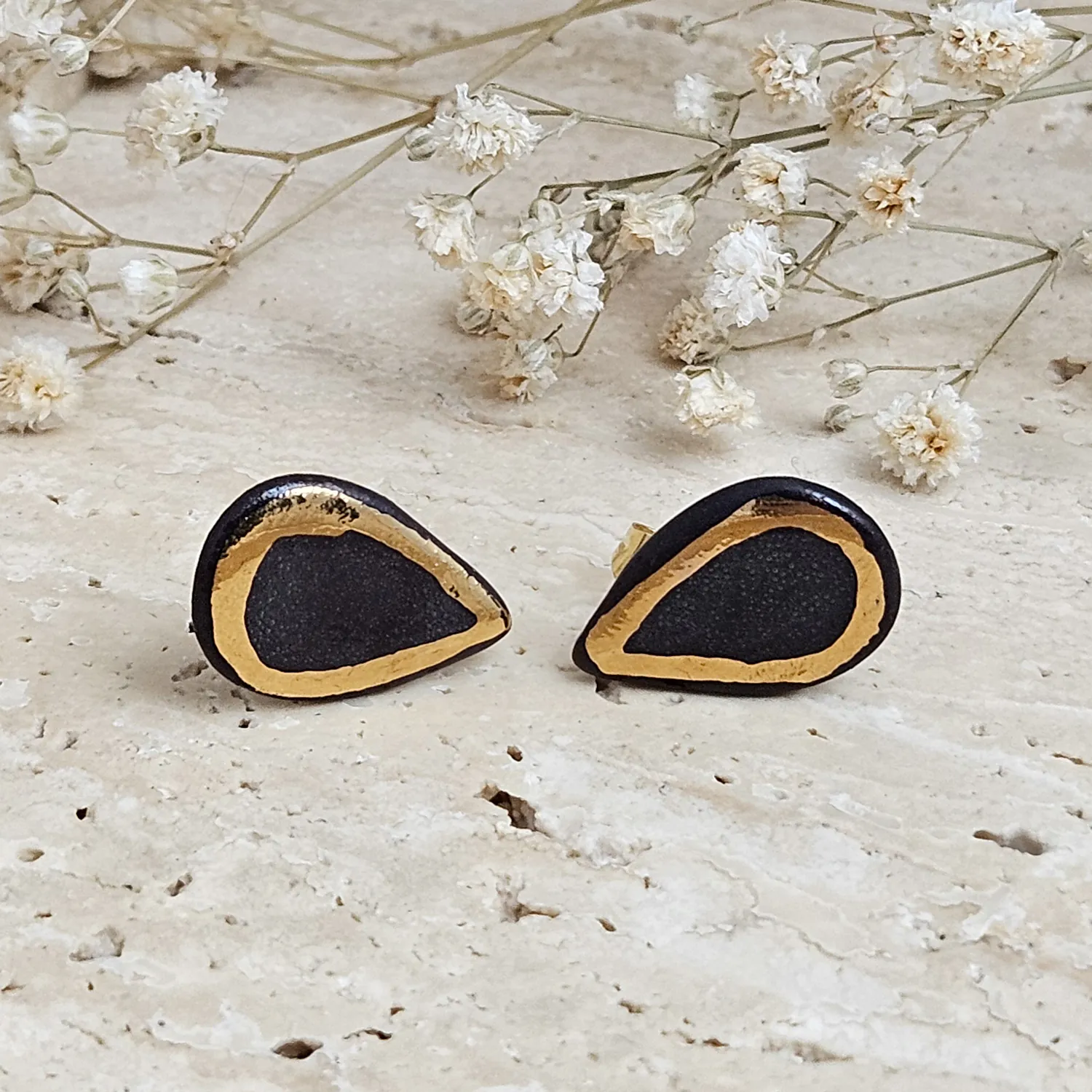 Black fine ceramic porcelain designer earrings with 22k gold plating
