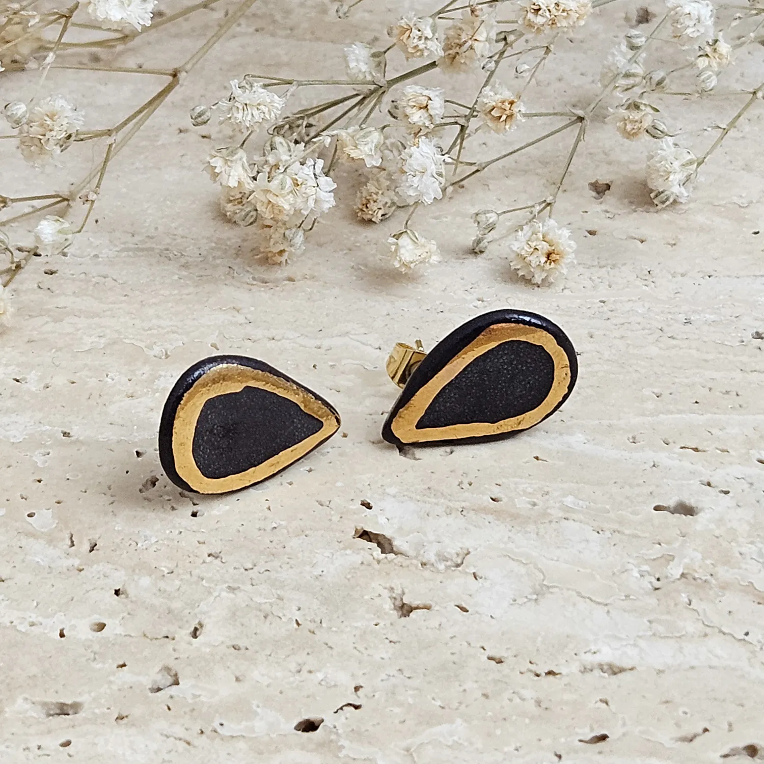 Black fine ceramic porcelain designer earrings with 22k gold plating - Image 2