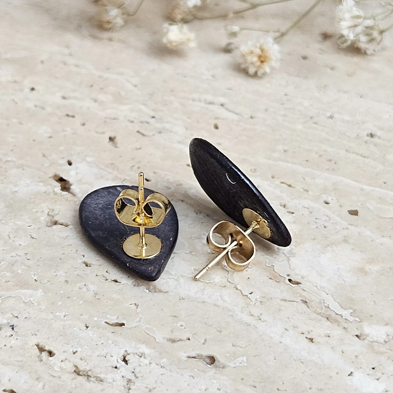 Black fine ceramic porcelain designer earrings with 22k gold plating - Image 3