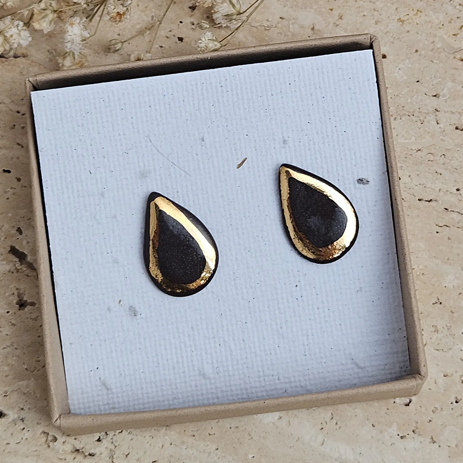 Black fine ceramic porcelain designer earrings with 22k gold plating - Image 4