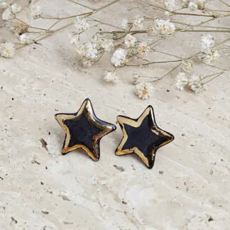 Black fine ceramic porcelain designer earrings with 22k gold plating