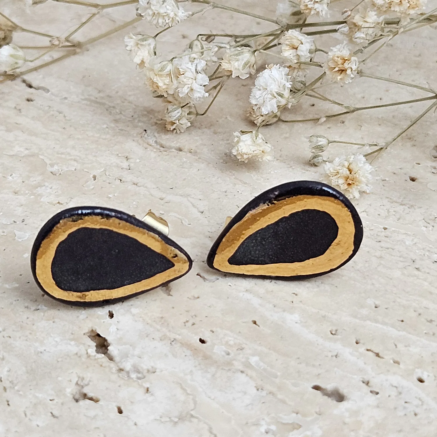 Black fine ceramic porcelain designer earrings with 22k gold plating