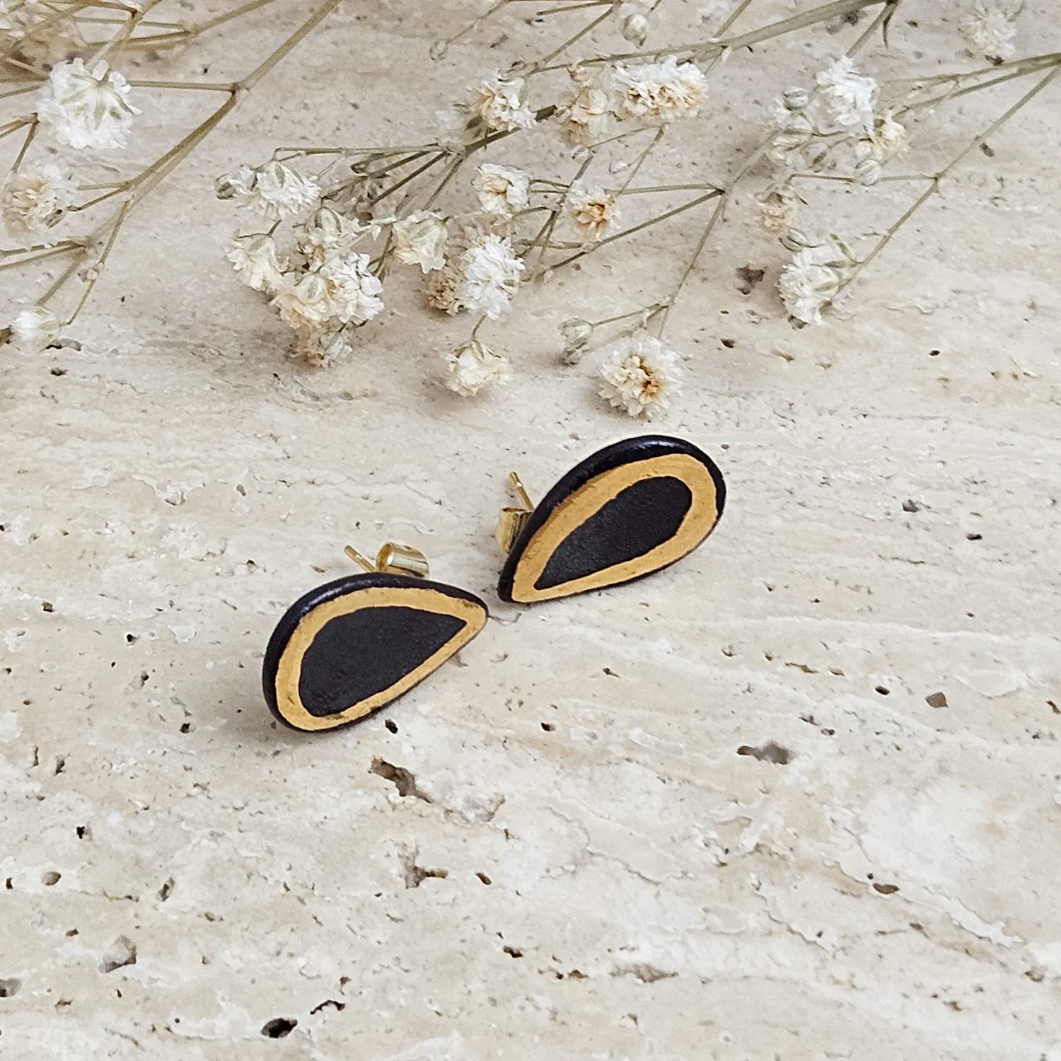 Black fine ceramic porcelain designer earrings with 22k gold plating - Image 2