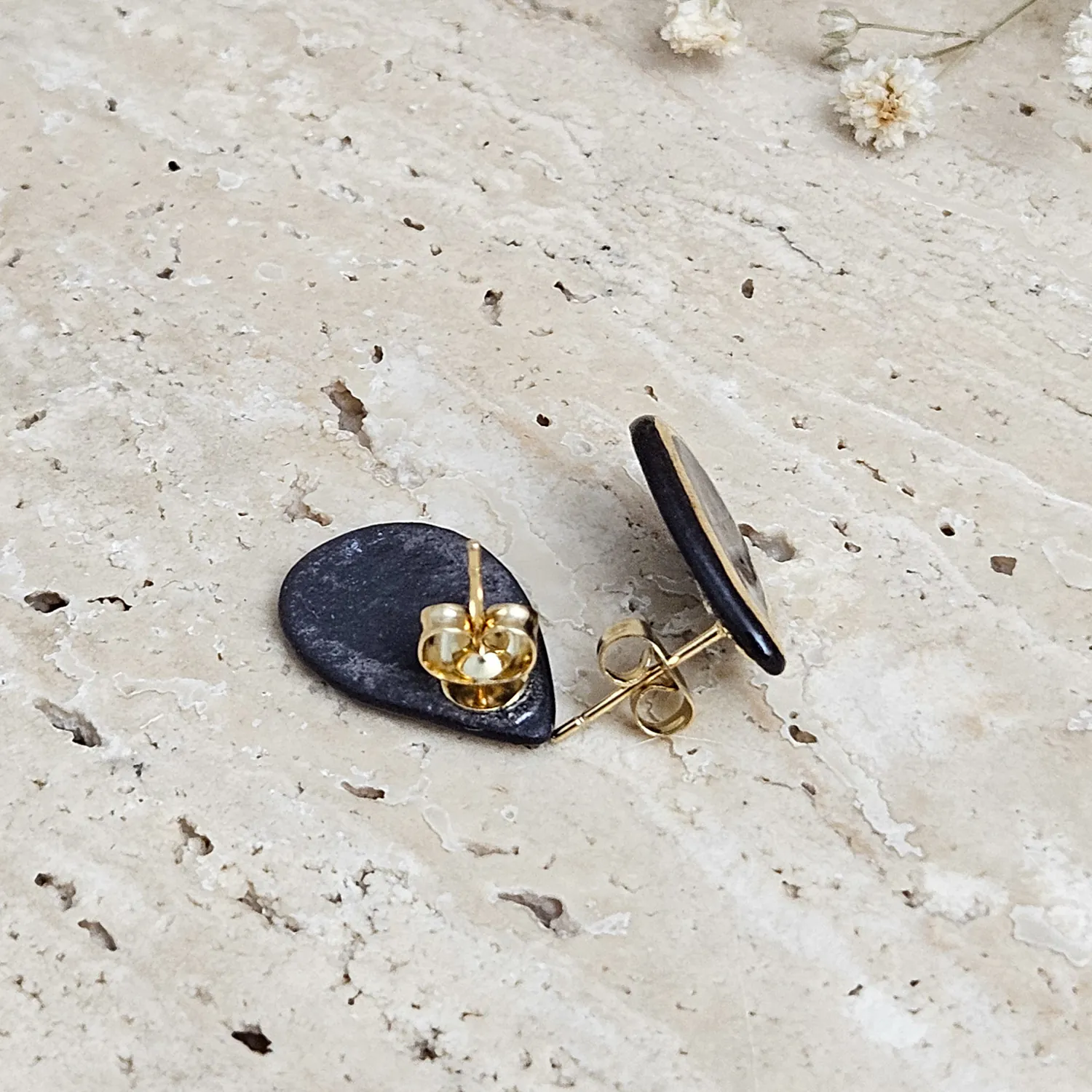 Black fine ceramic porcelain designer earrings with 22k gold plating - Image 3