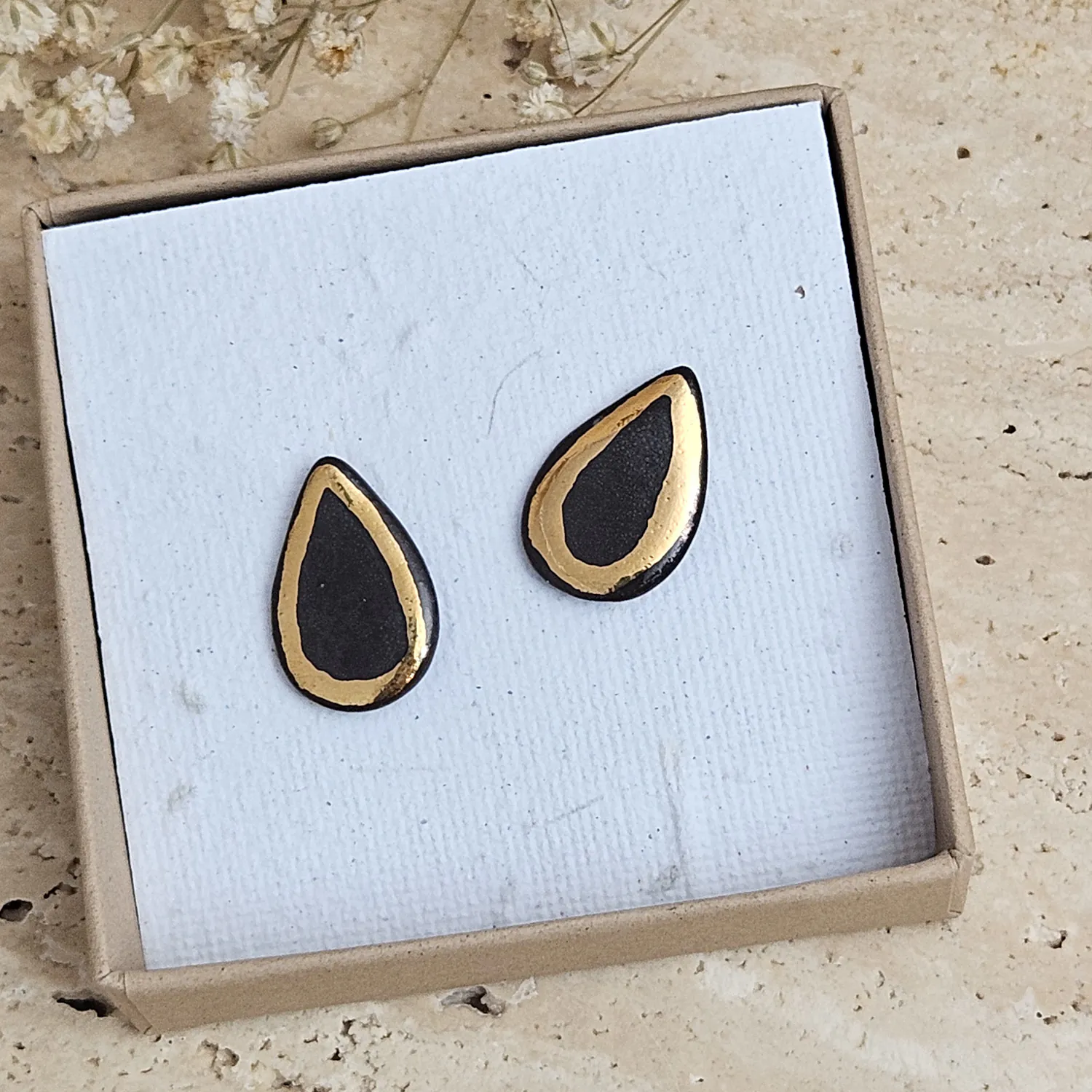 Black fine ceramic porcelain designer earrings with 22k gold plating - Image 4