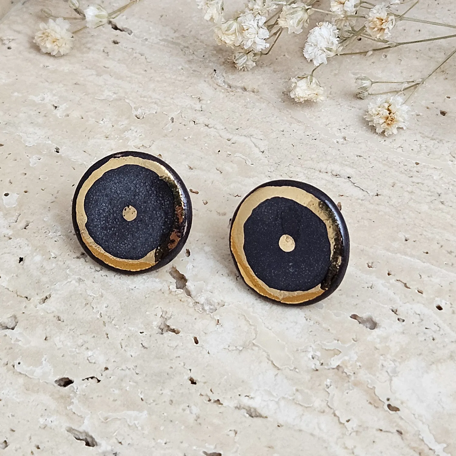Black fine ceramic porcelain designer earrings with 22k gold plating