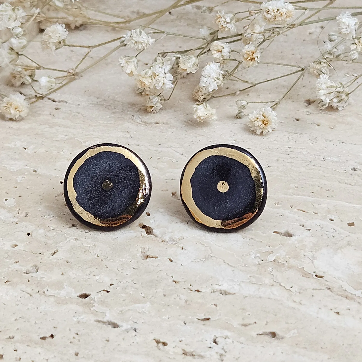 Black fine ceramic porcelain designer earrings with 22k gold plating - Image 2