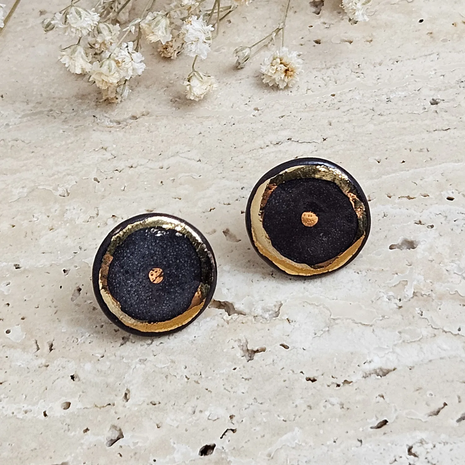 Black fine ceramic porcelain designer earrings with 22k gold plating - Image 3