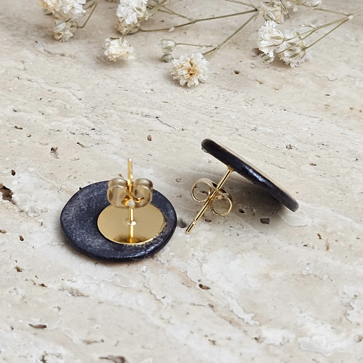 Black fine ceramic porcelain designer earrings with 22k gold plating - Image 4