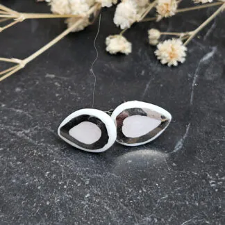 Rose pink fine ceramic porcelain hypoallergenic stud designer earrings for sensitive ears with silver accents (white gold)