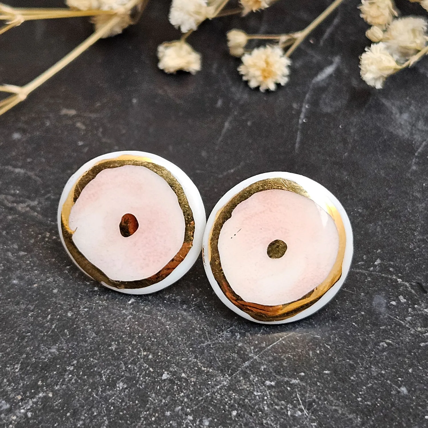 Rose pink fine ceramic porcelain hypoallergenic stud designer earrings for sensitive ears with 22k gold plating