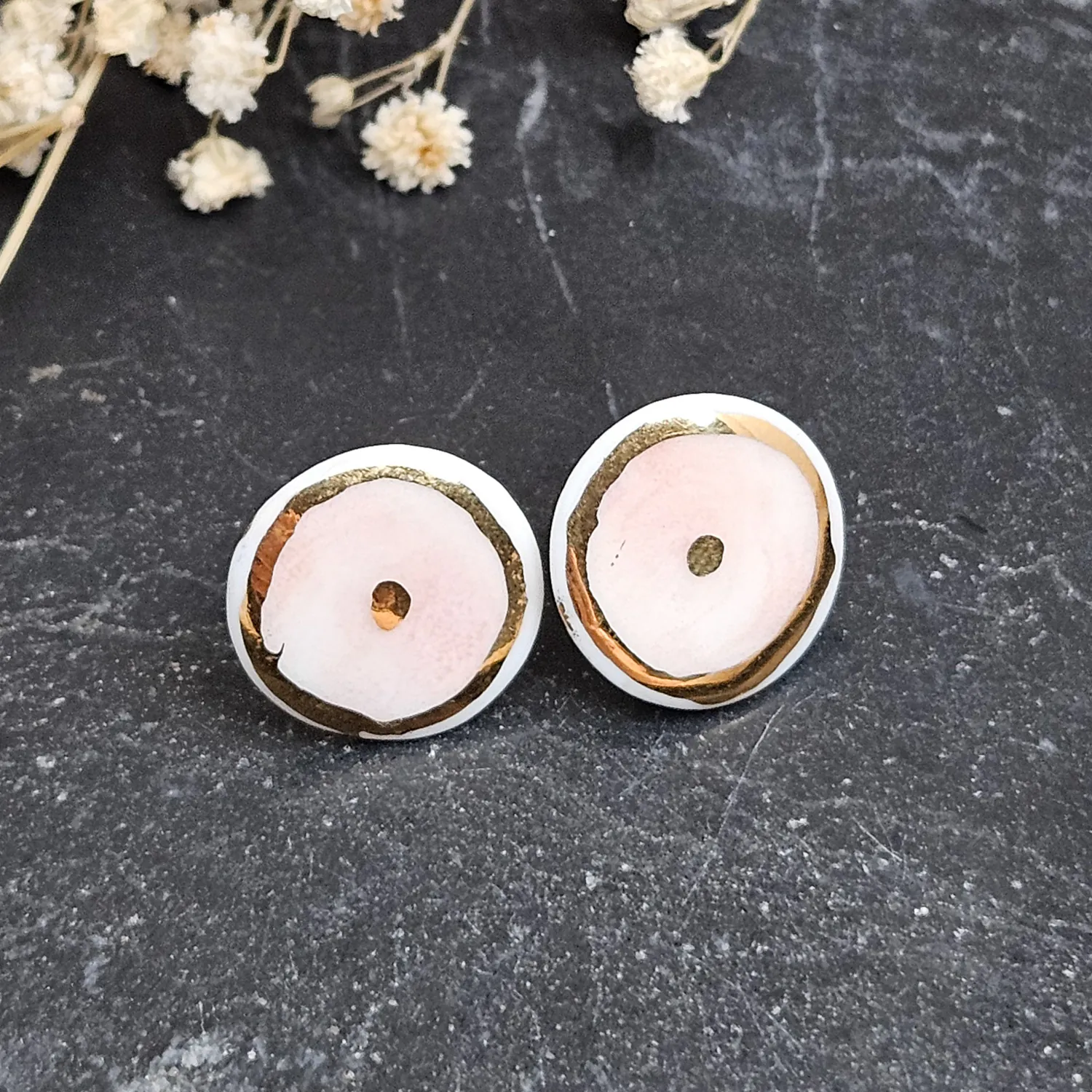 Rose pink fine ceramic porcelain hypoallergenic stud designer earrings for sensitive ears with 22k gold plating - Image 2