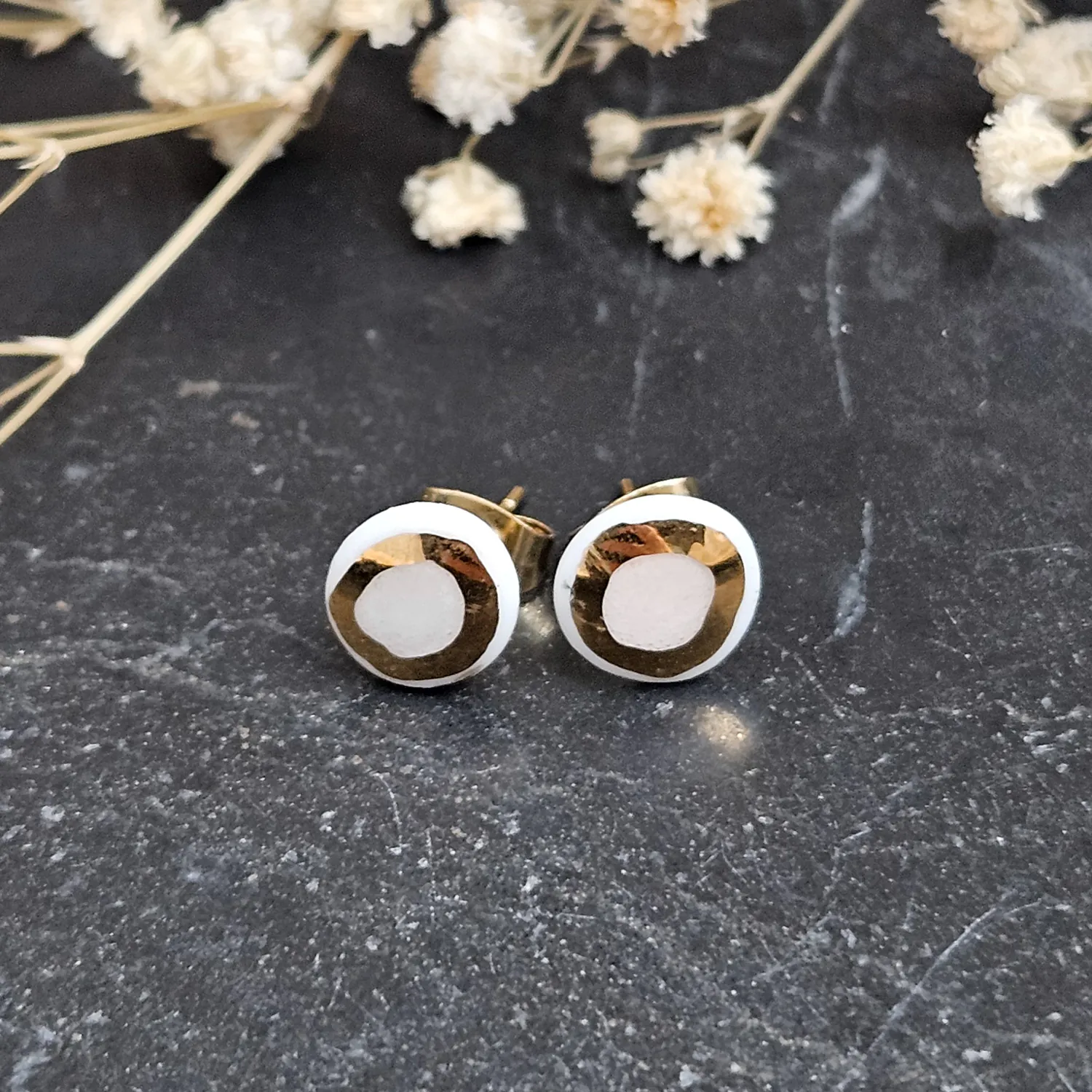 Rose pink fine ceramic porcelain hypoallergenic stud designer earrings for sensitive ears with 22k gold plating