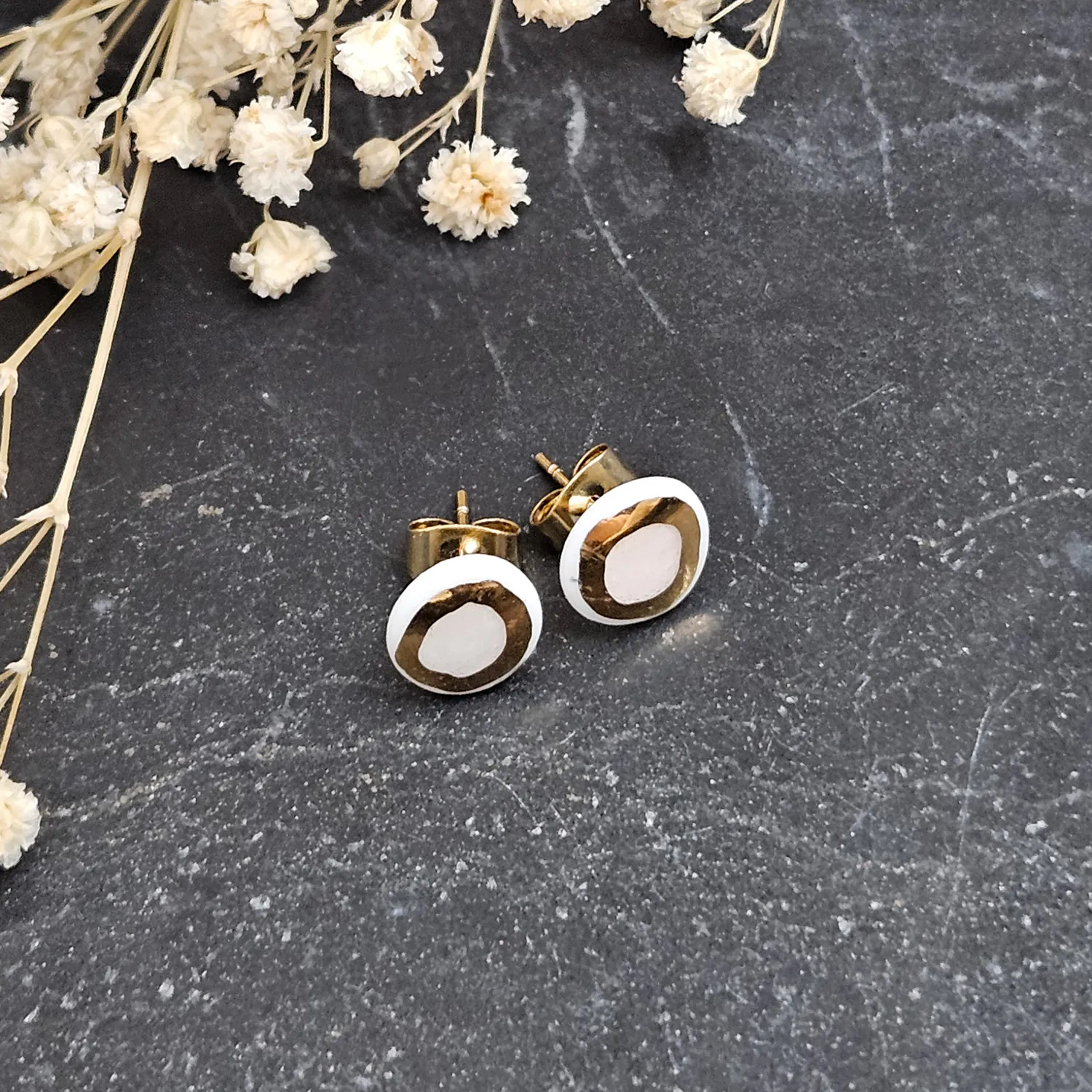 Rose pink fine ceramic porcelain hypoallergenic stud designer earrings for sensitive ears with 22k gold plating - Image 2