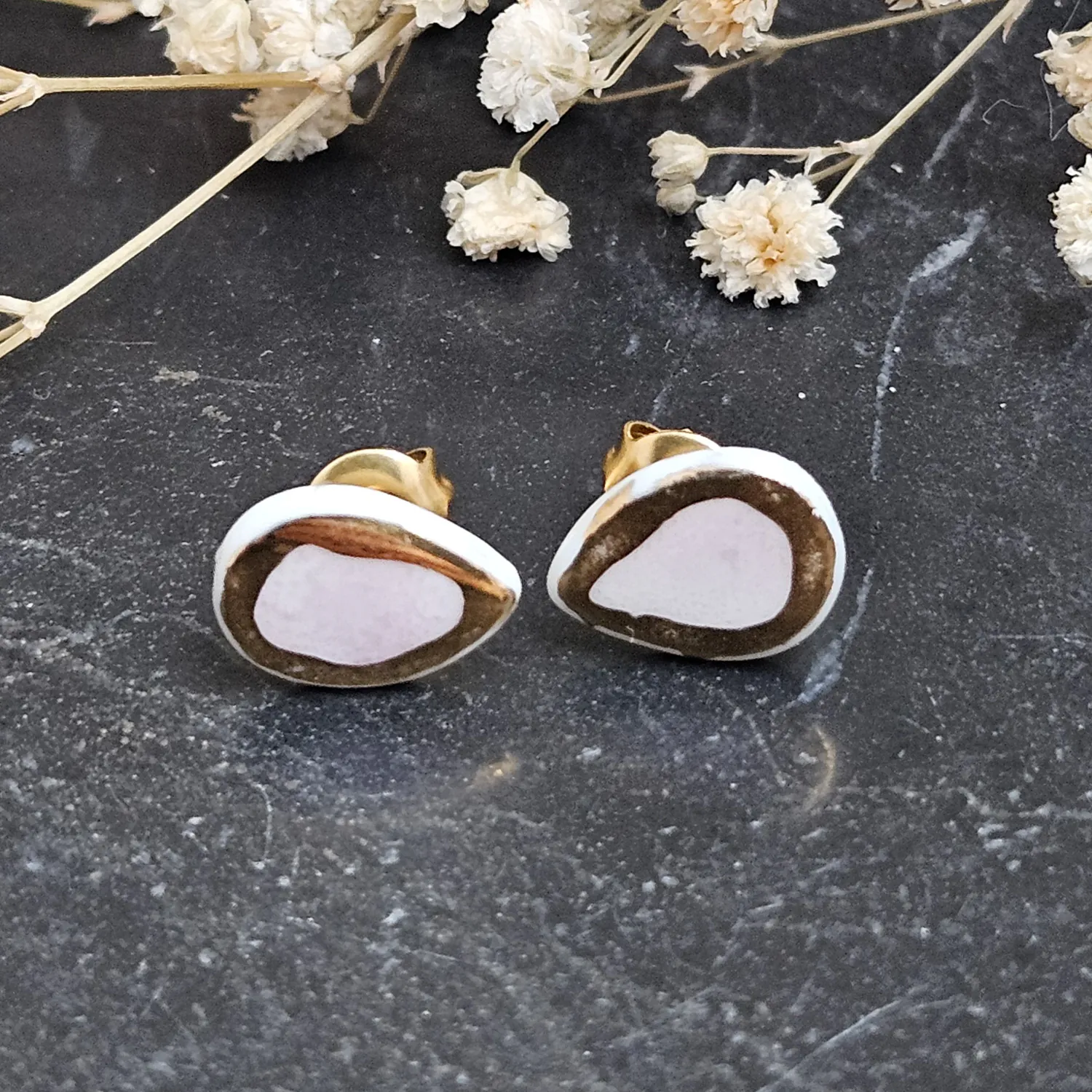 Rose pink fine ceramic porcelain hypoallergenic stud designer earrings for sensitive ears with 22k gold plating
