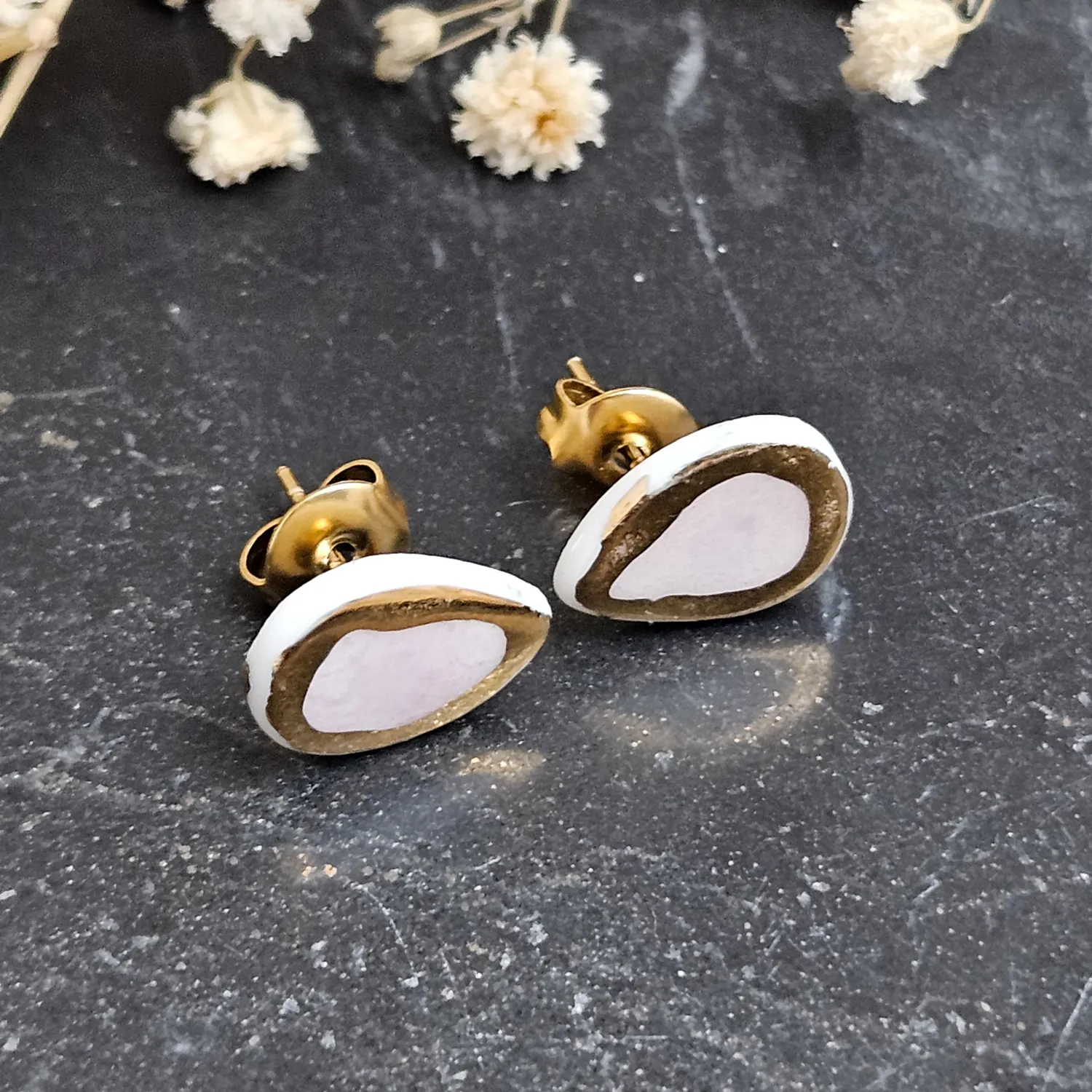 Rose pink fine ceramic porcelain hypoallergenic stud designer earrings for sensitive ears with 22k gold plating - Image 2